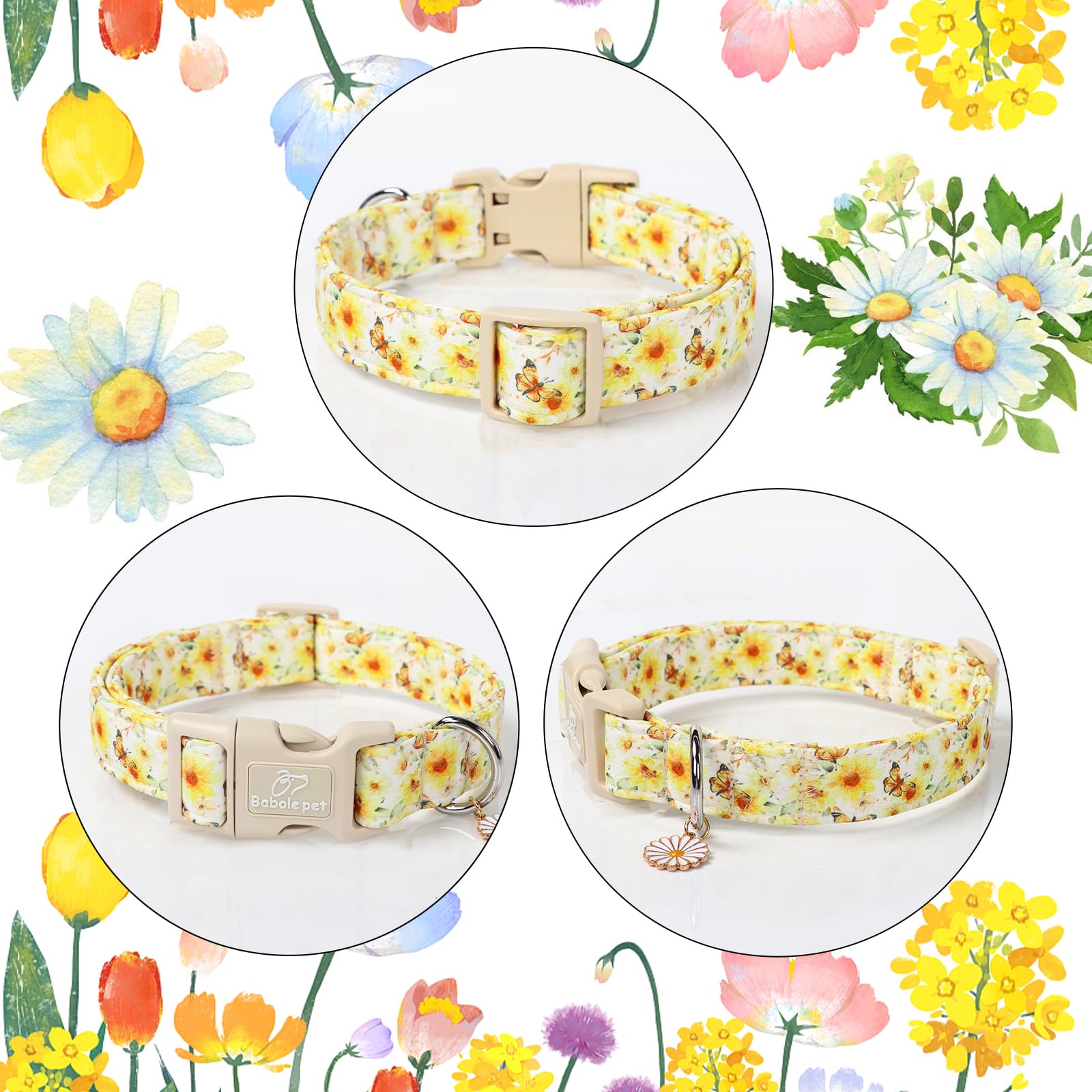 Babole Pet Adjustable Floral Dog Collar, Yellow Sunflower&Butterfly Dog Collars For Large Dogs, Lightweight Quick-Release Buckle