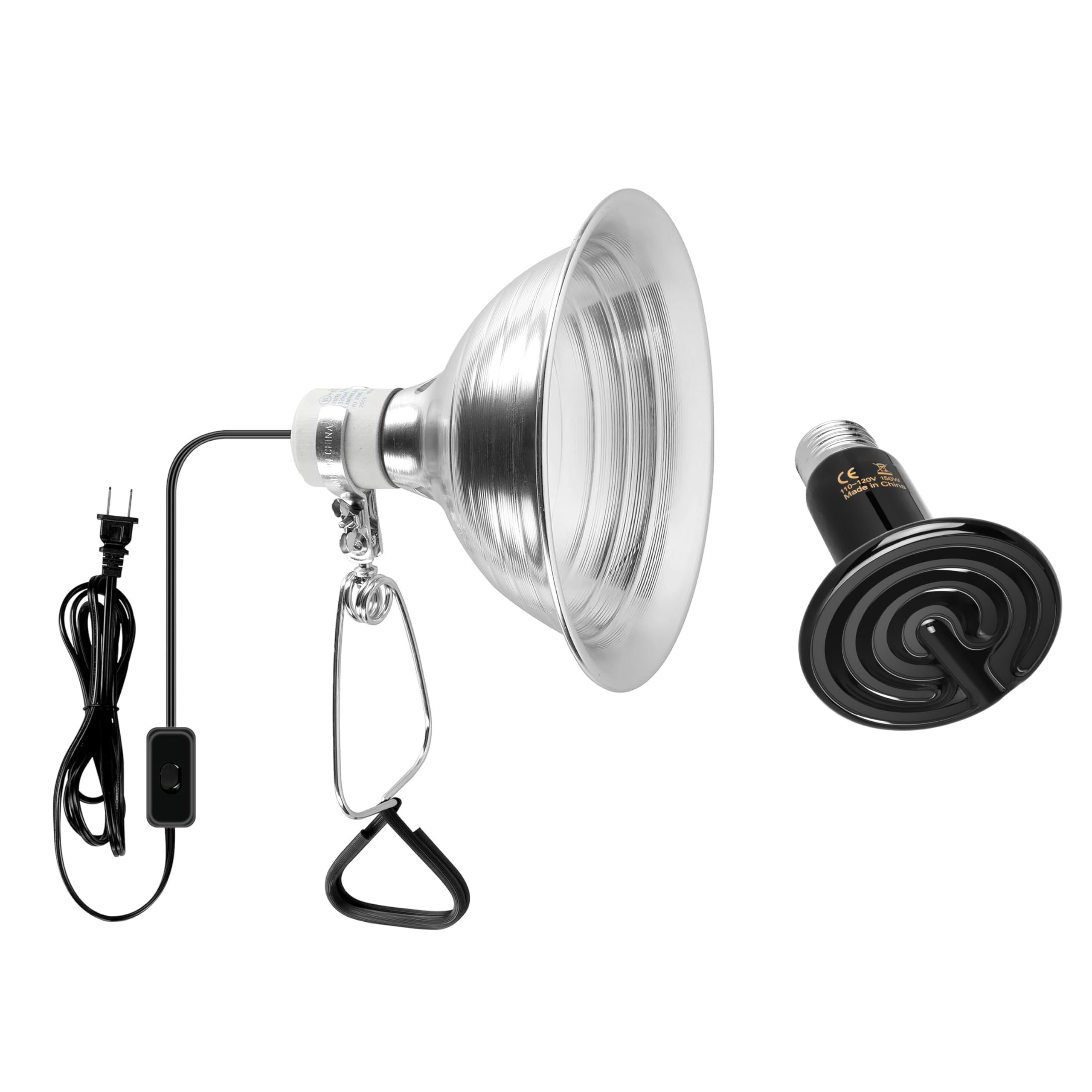Simple Deluxe 150W Ceramic Reptile Heat Lamp Bulb & 150W Clamp Light With 8.5'' Aluminum Reflector Combo For Amphibian Pets, Sil