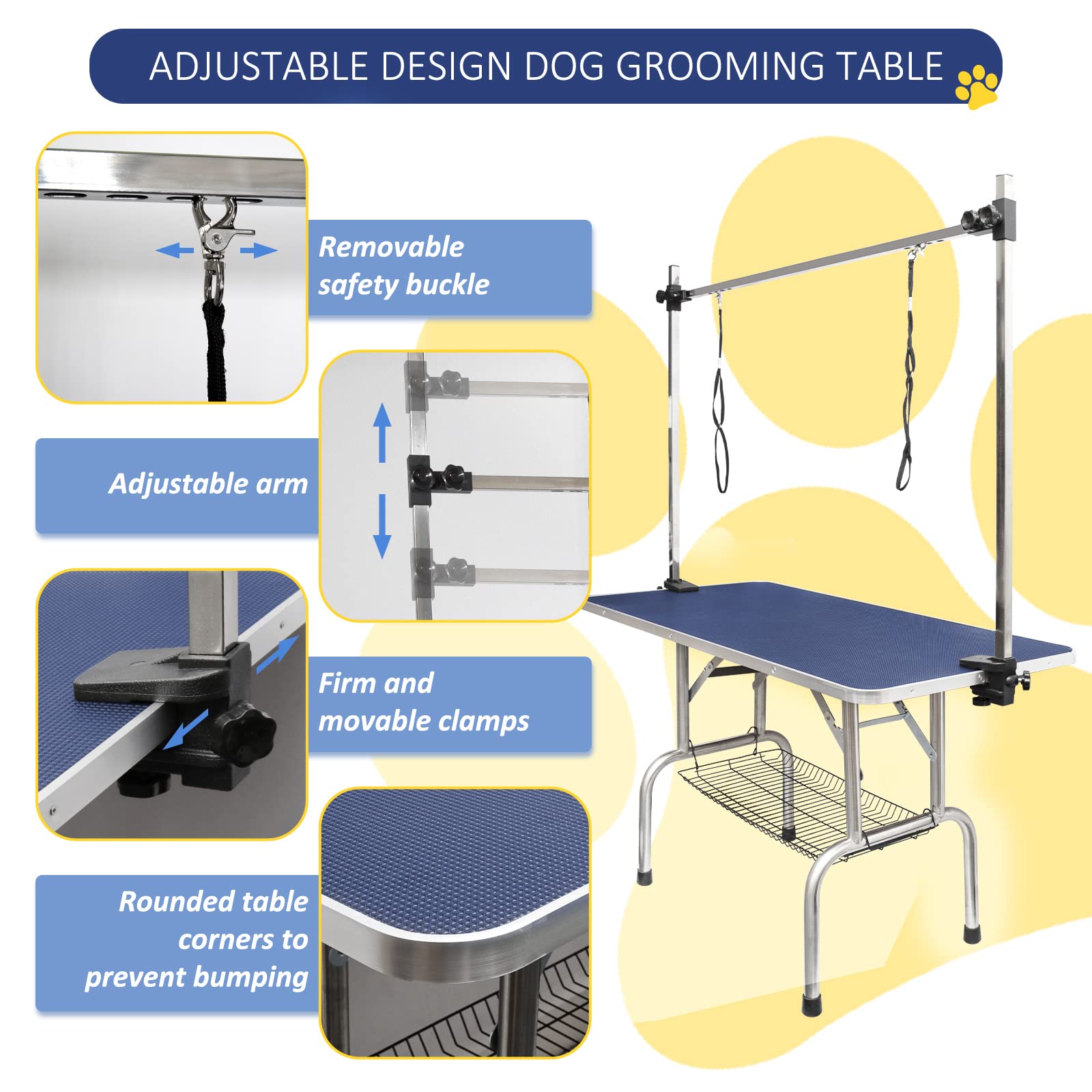 ROOMTEC 46 Dog Grooming Table,Foldable Home Pet Bathing Station with Adjustable Height Arm/Noose/Mesh Tray