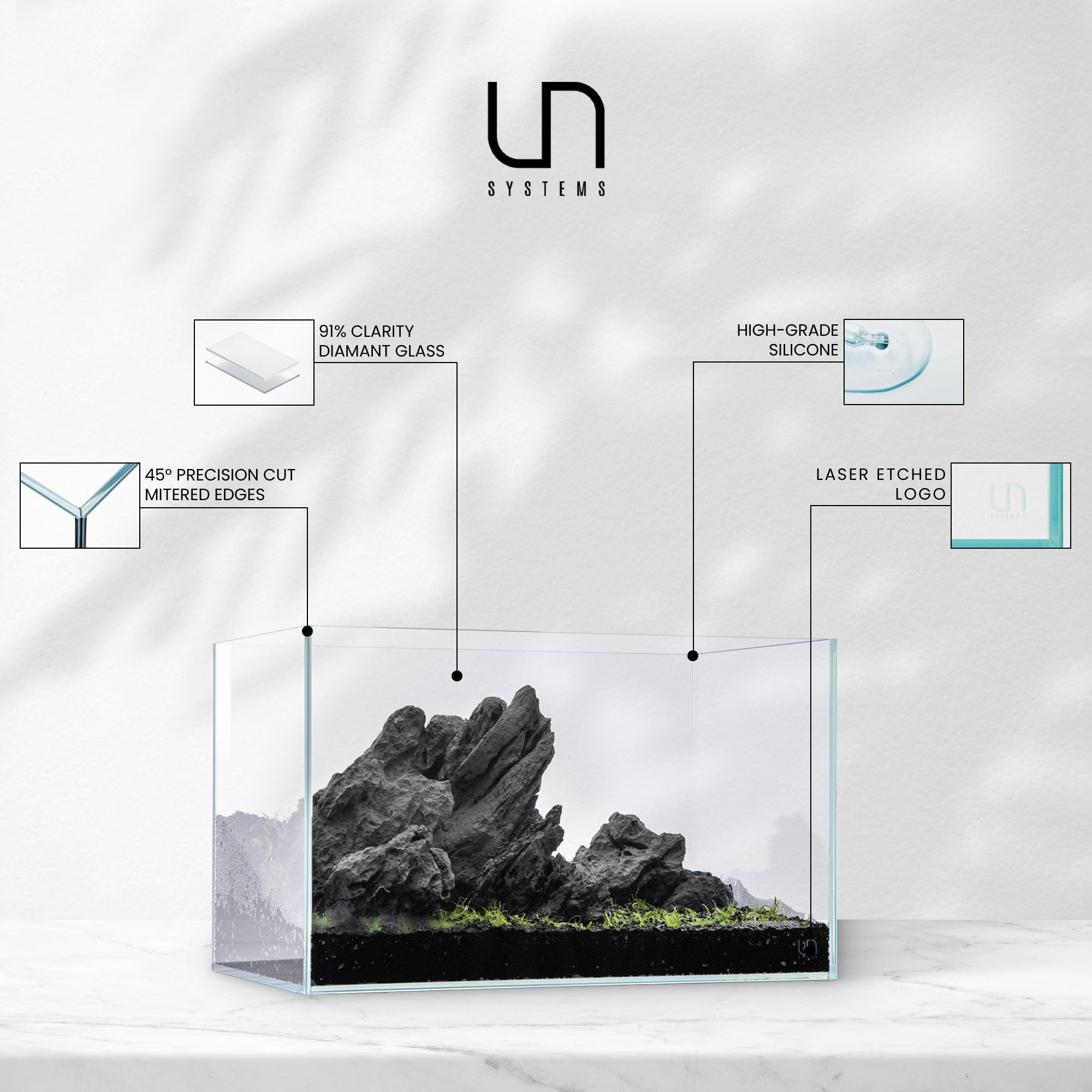 Ultum Nature Systems Ultra Clear Rimless Aquarium - Low Iron Glass Fish Tank With 45 Mitered Edges, 5Mm-12Mm Thick, Leveling Mat
