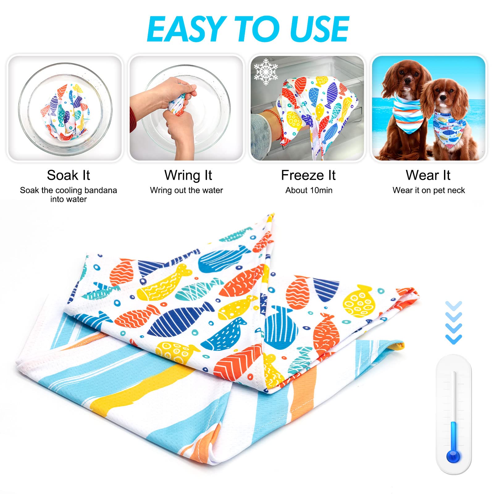 Cyeollo 2 Pack Dog Cooling Bandanas Summer Chill Out Pet Bandana Fish Print Breathable Soft Scarf Collar For Small Medium Large