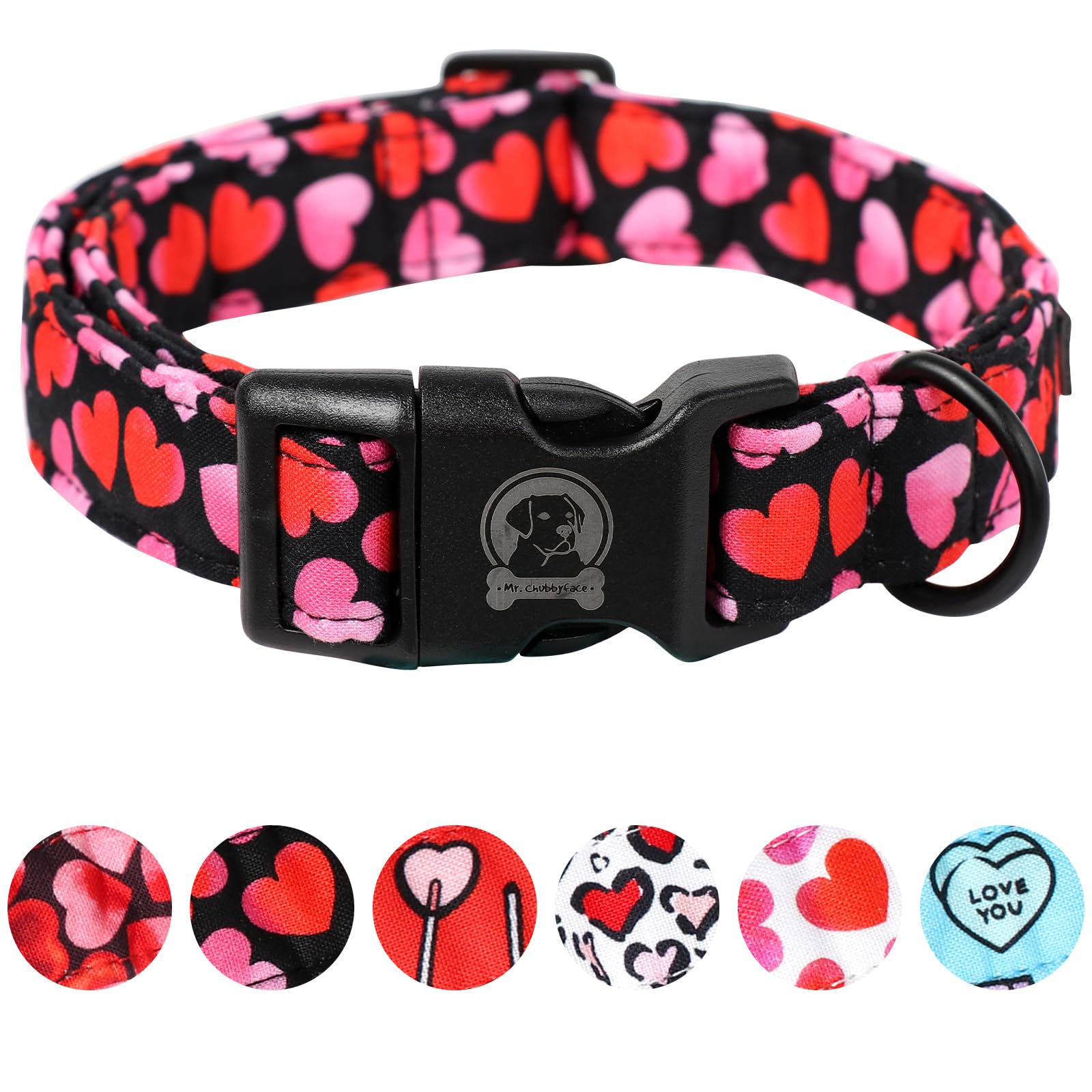 Mr. Chubbyface Valentines Dog Collar,Cute Pink Love Heart Cotton Pet Collar, Adjustable Valentine Girl Female Male Pet Collars W