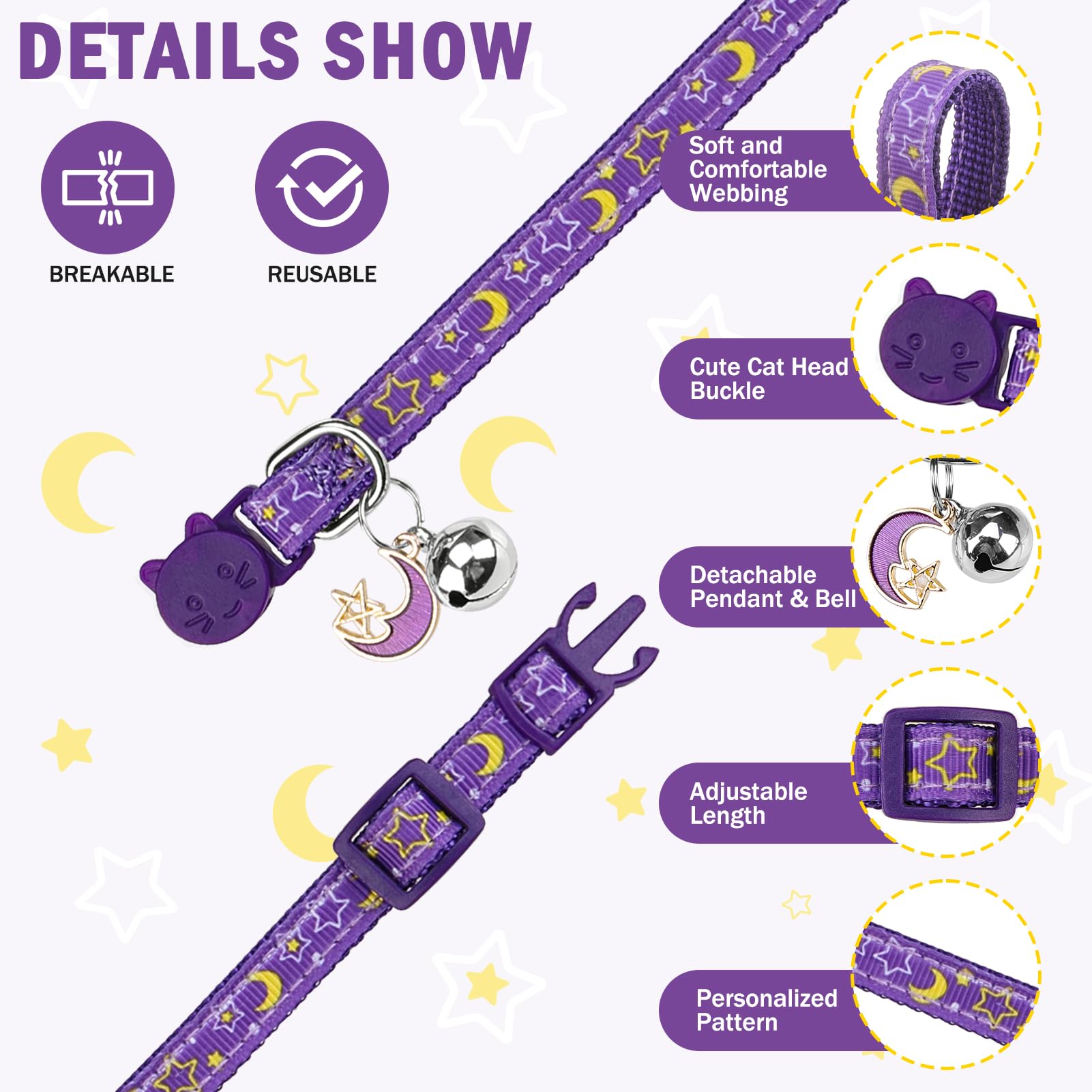 Scenereal Breakaway Cat Collar With Bell, 3 Pack Safety Adjustable Cat Collars With Pendant, Spring Summer Personalised Puppy Ki