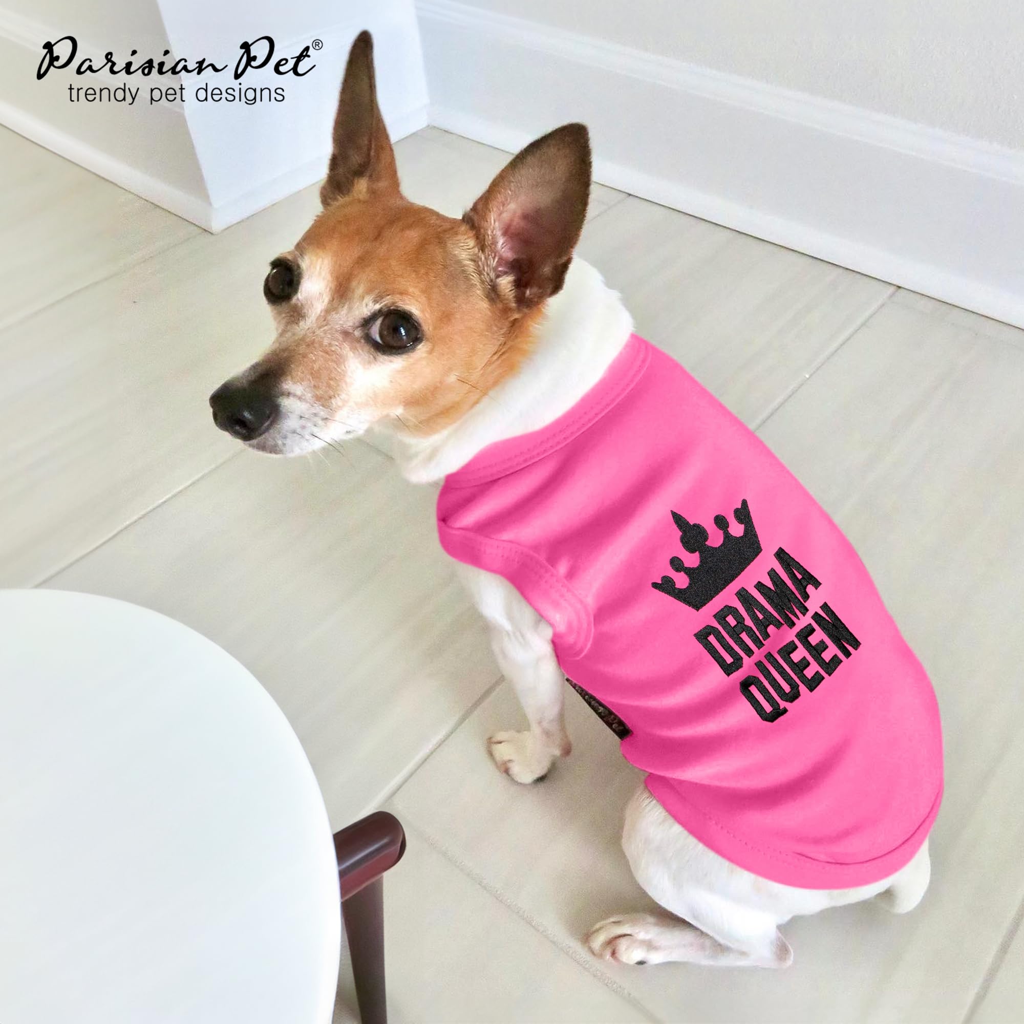 Parisian Pet Dog Tshirt - Embroidered “ Drama Queen “ Dog Shirt - Breathable And Lightweight Dog Clothes - Sleeveless Pink Dog Tee Shirts - Machine Washable Dog Shirts For Medium Dogs Girl - M