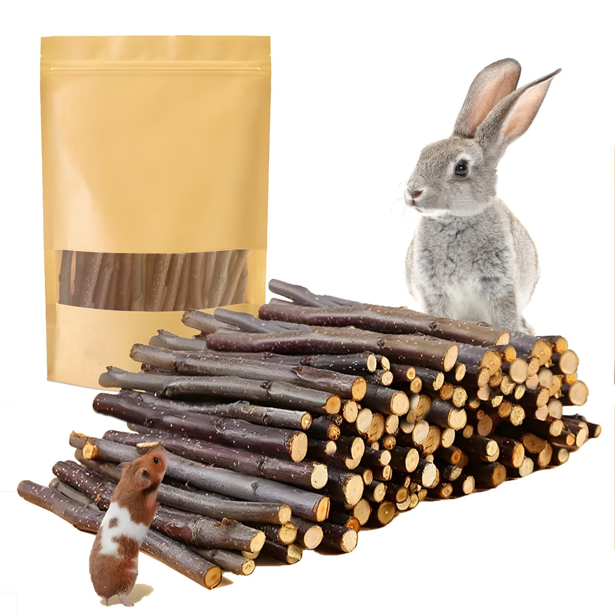 Sadaunbe 600g Organic Apple Sticks Small Animals Molar Wood Treats Toys for Chinchillas Guinea Pig Rabbits Hamster Gerbil Parrot