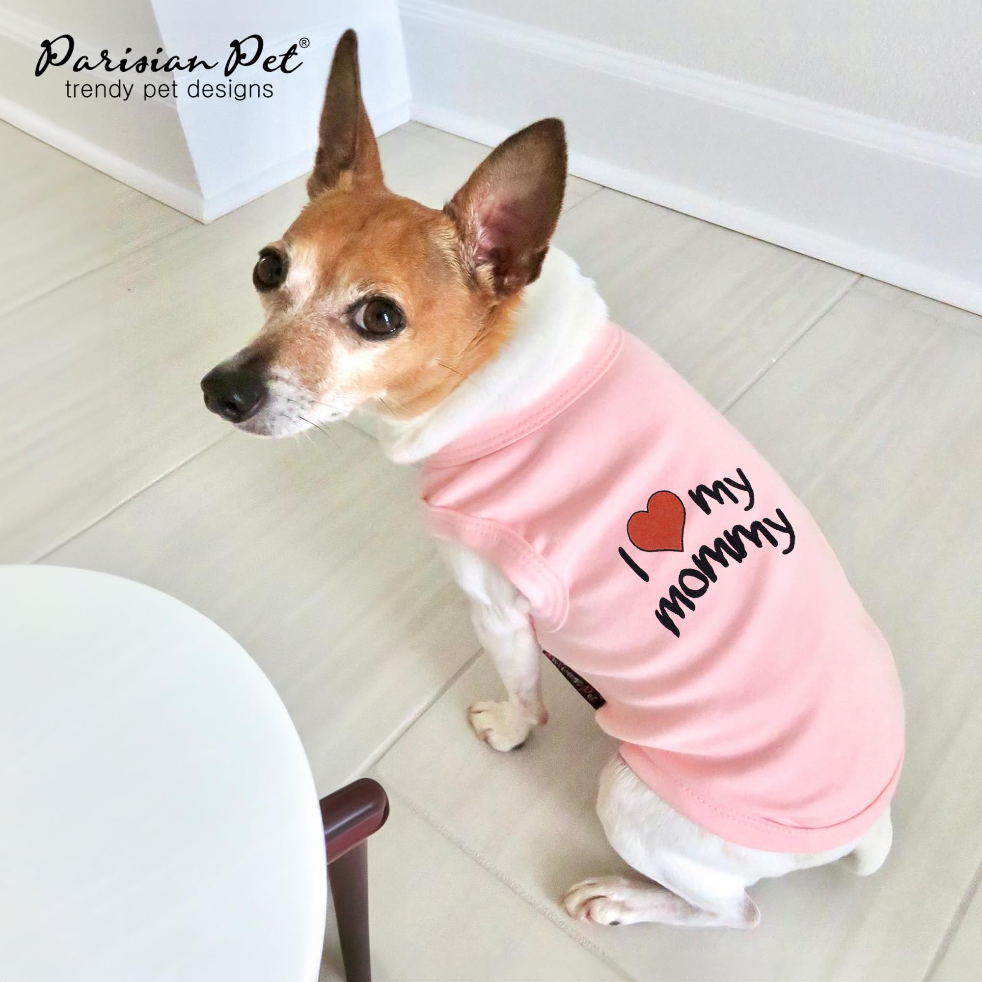 Parisian Pet Dog T-Shirt With Embroidered 'I Love My Mommy' Words - 100% Cotton, Pink Dog Clothes - Sleeveless Pet Vest - Machine Washable Dog Shirt For Large Dogs, L