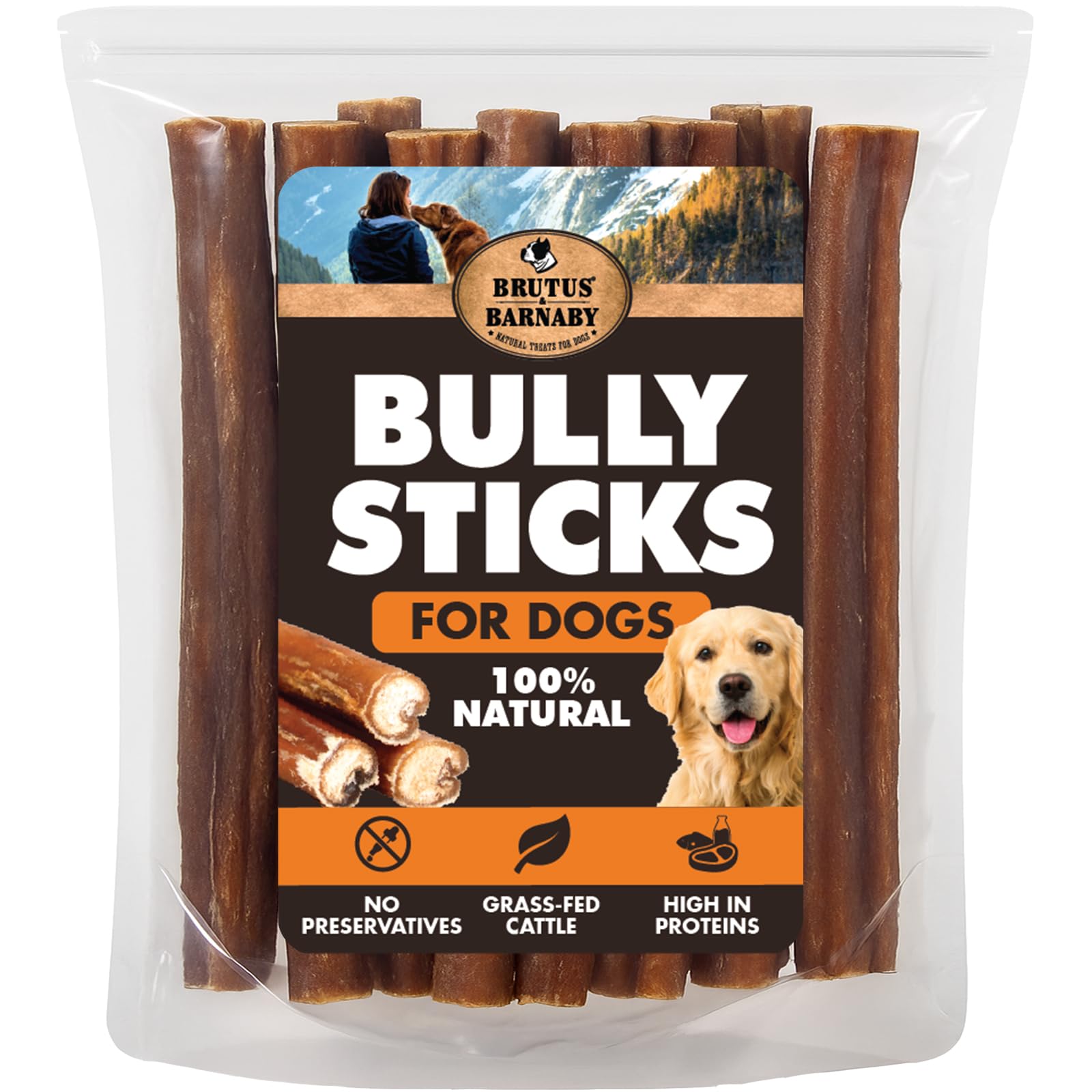 BRUTUS & BARNABY Bully Sticks for Dogs, 6 - Low-to-No Odor, Grass-Fed, Rawhide-Free Chews for Aggressive Power Chewers