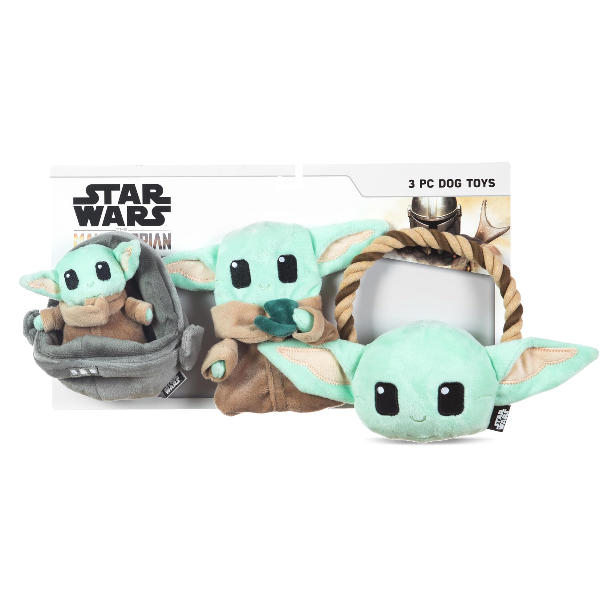 Star Wars For Pets Grogu 3 Piece Collection - Cradle Plush, Flattie, And Rope Ring Dog Toys - Fabric Squeaky Plushes For All Dog