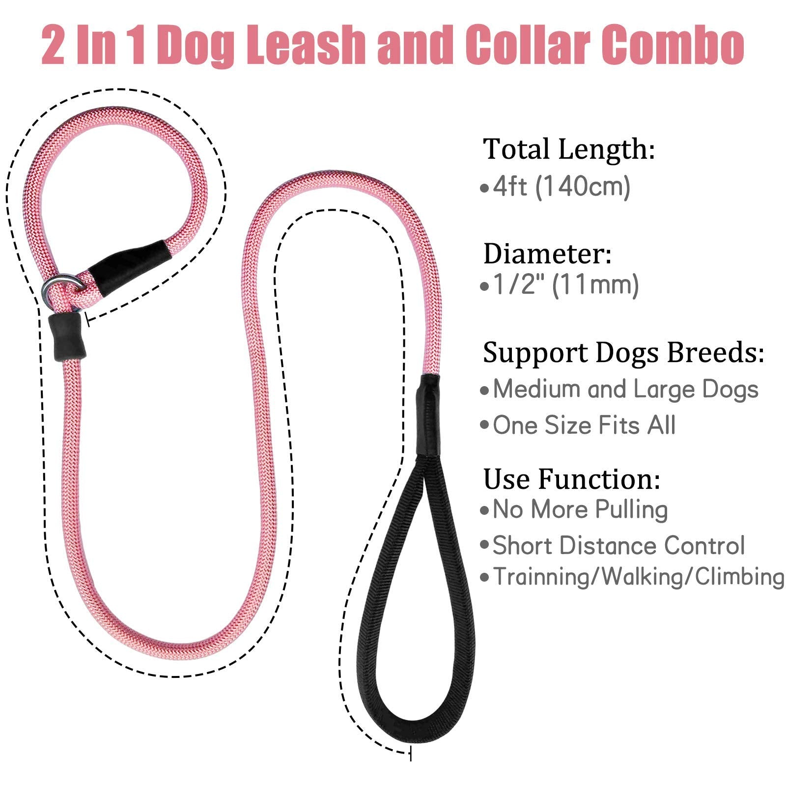 Strong Slip Rope Dog Training Leash (4Ft) - Heavy Duty Durable Braided Nylon Lead With Rubber Stopper & Padded Handle - No Pull Walking Climbing For Medium Large Dogs (Pink, 1/2' X 4Ft)