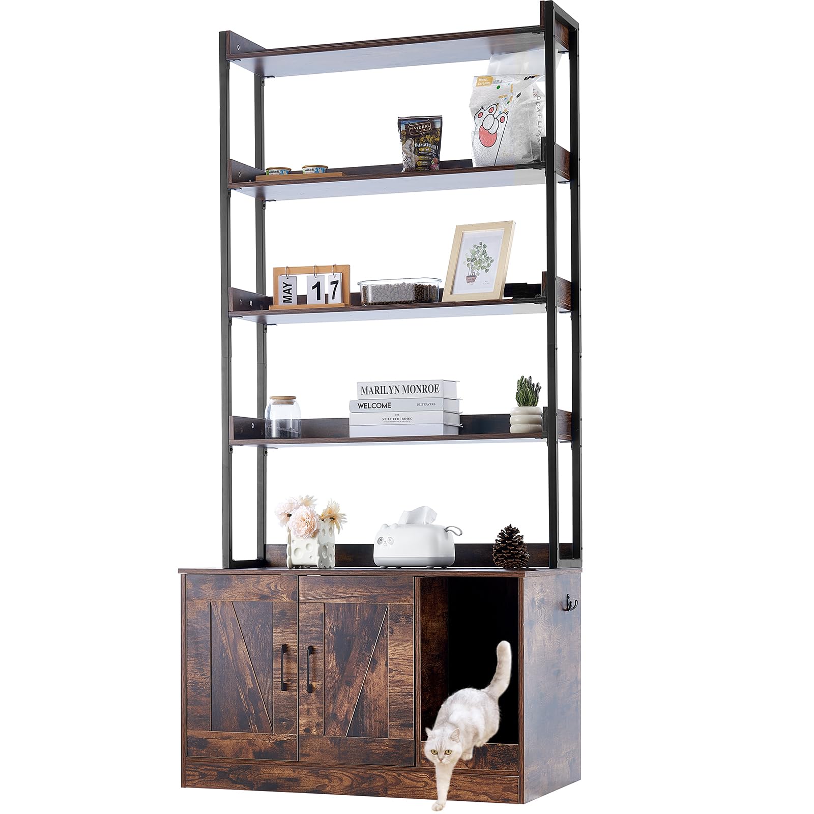 VEVOR Cat Litter Box Enclosure, Hidden Cat Box Furniture with 4 Storage Shelves, Large Cats House Cabinet Hidden Fit Most Litter