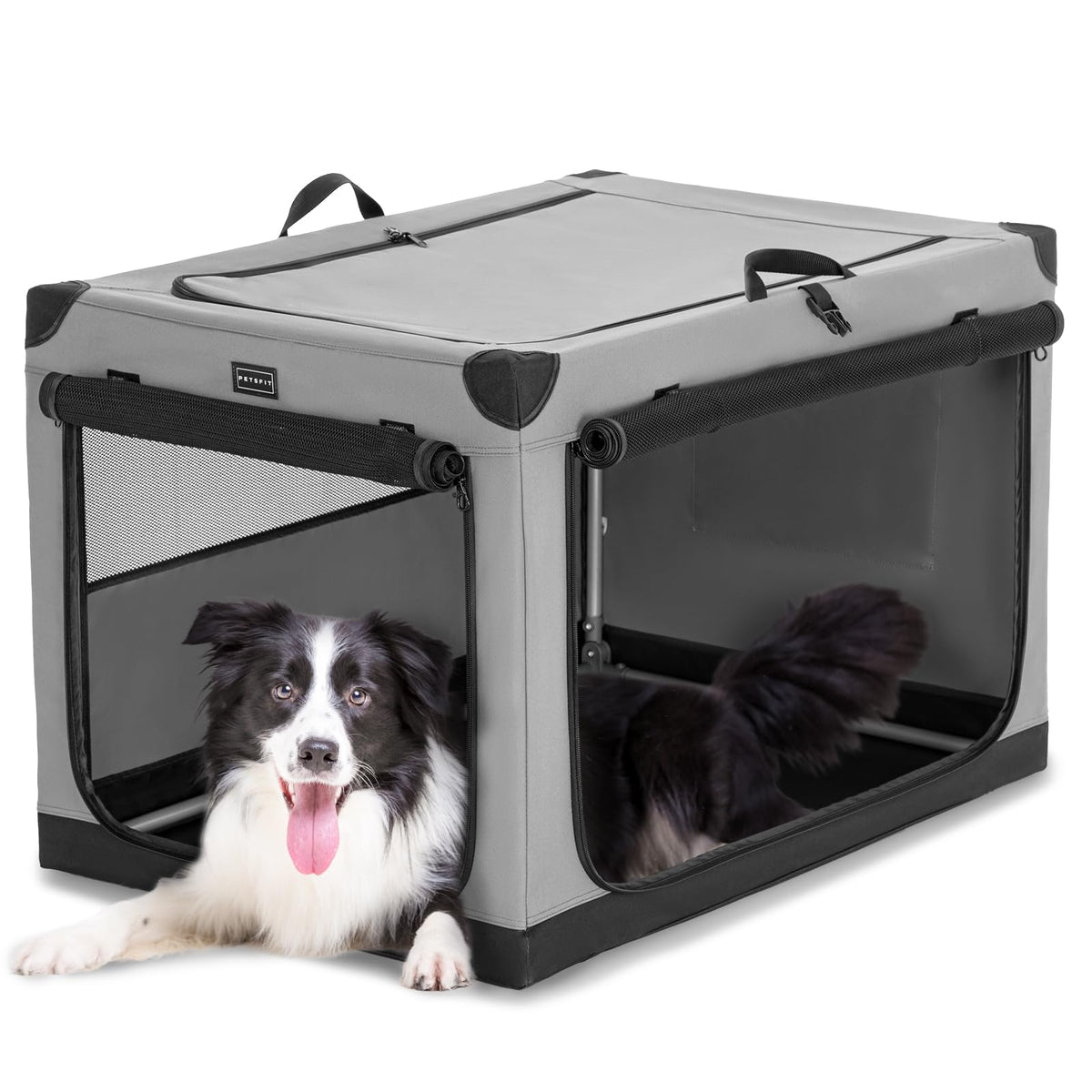 Petsfit 36 Inch Dog Crates, Adjustable Fabric Cover By Spiral Iron Pipe, Chew Proof 3 Door Design, Soft Collapsible Dog Kennel Grey