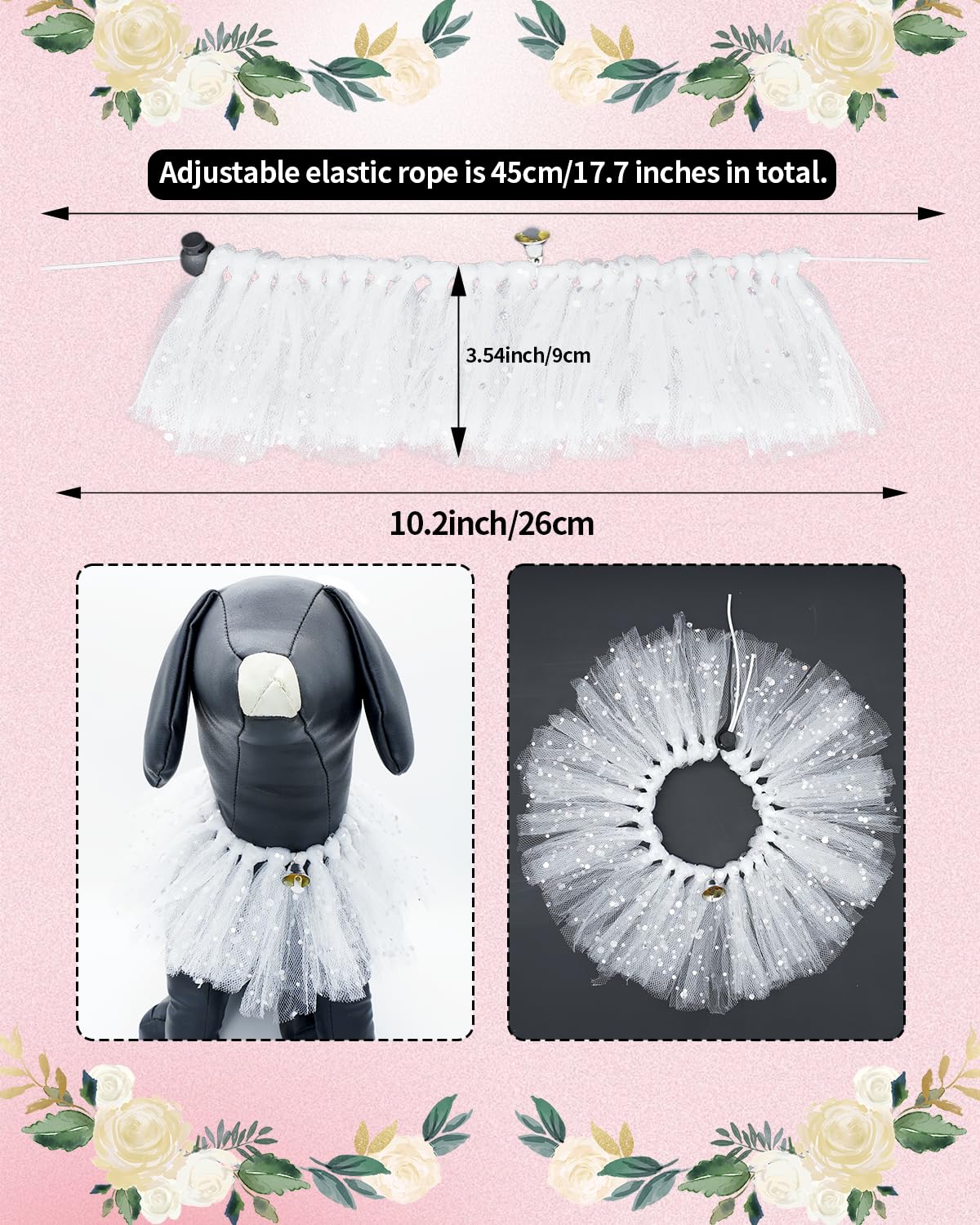 Pet Show Dog Wedding Tutu Collar With Bell Drawstring Tutu Necklace For Small Dogs Cats Adjustable Scarf White Sequin Pets Costu