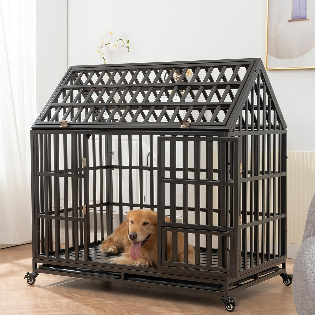 48 Inch Heavy Duty Indestructible Dog Crate With Wheels And Trays, High Anxiety Steel Kennel With Pointed Roof, Strong Escape-Pr