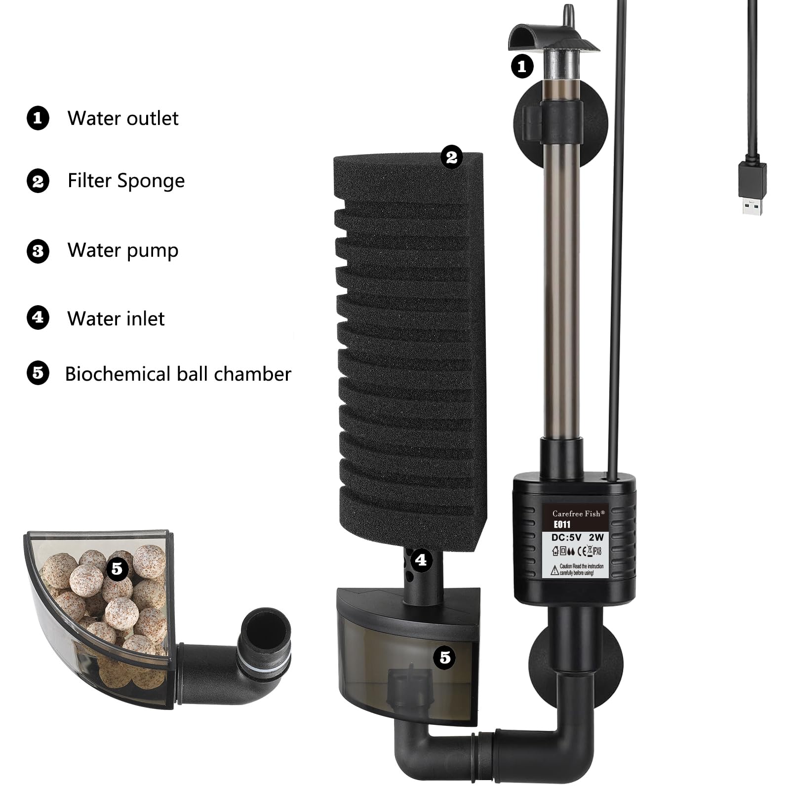 Carefree Fish Aquarium USB Filter Sponge Fish Tank Quiet Bubble Filter with 2 Sponges and 1 Bag of Filtered Ceramic Balls for Sa