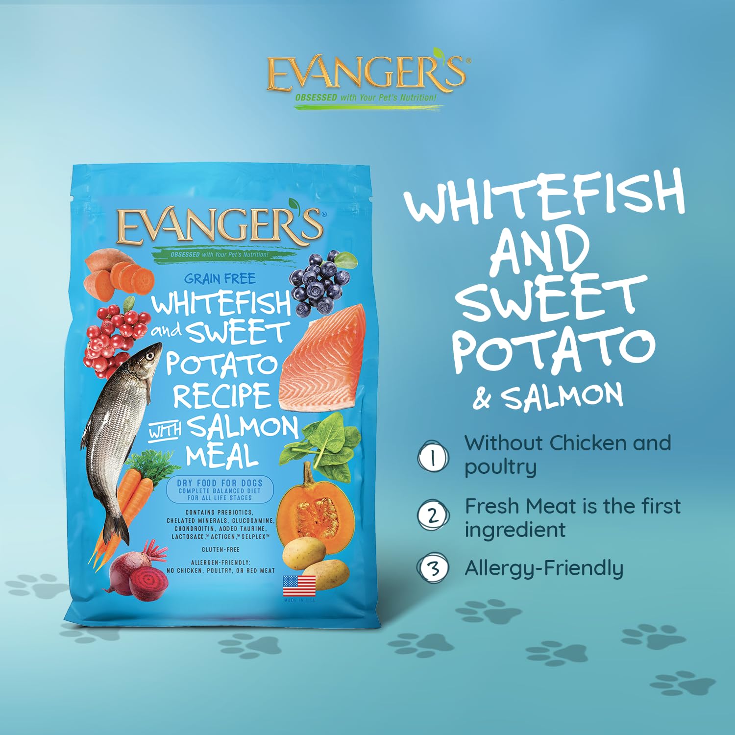 Evangers Grain-Free Whitefish & Sweet Potato with Salmon and Buffalo Meal Dry Dog Food, 16.5 lb Bag