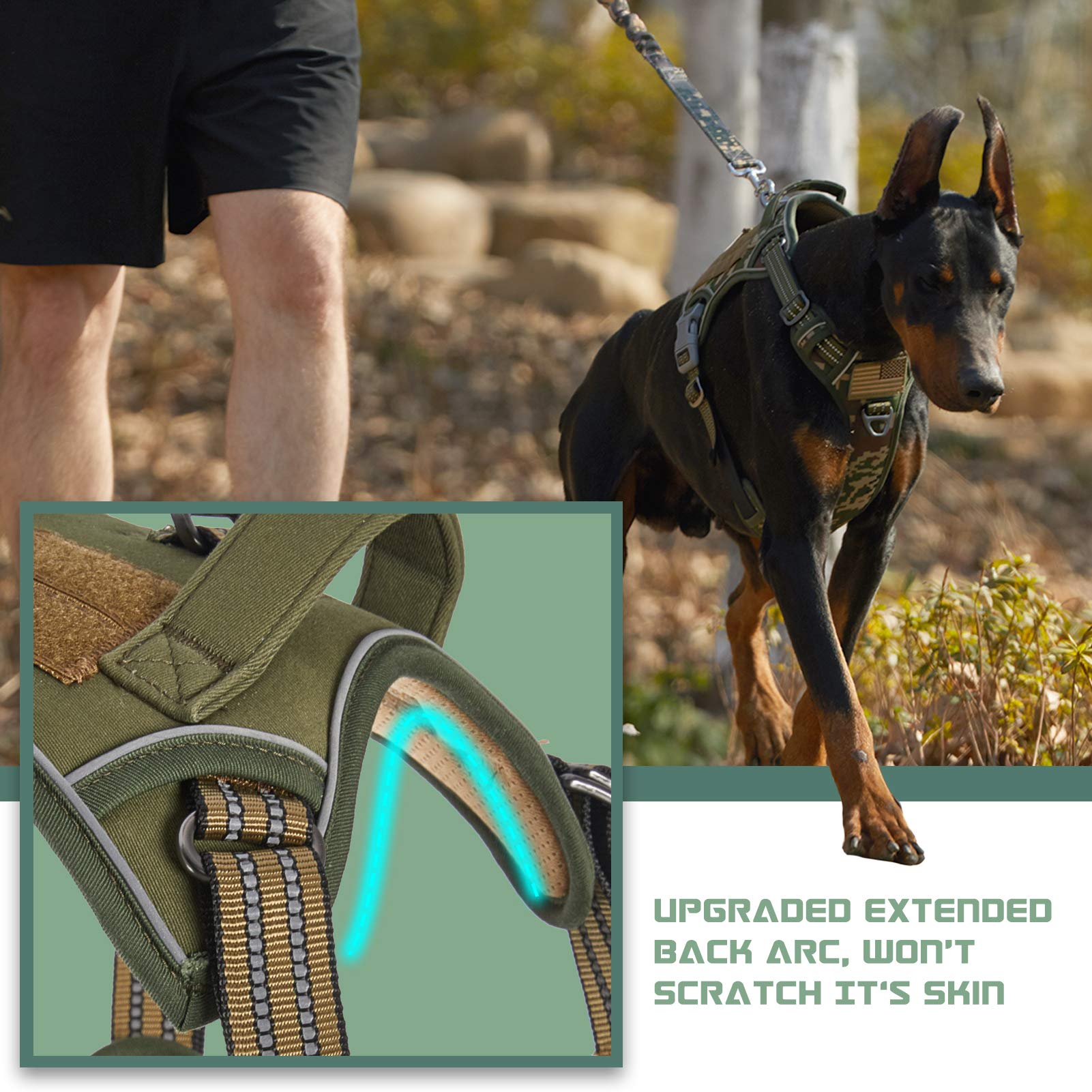 BUMBIN Tactical Dog Harness for Large Dogs, No Pull, Adjustable XL, Green, Reflective, Training Vest with Handle