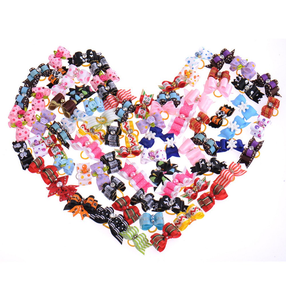 Pet Show Pet Cat Puppy Topknot Dog Hair Bows With Rubber Bands Grooming Accessories Assorted Colors Pack Of 100