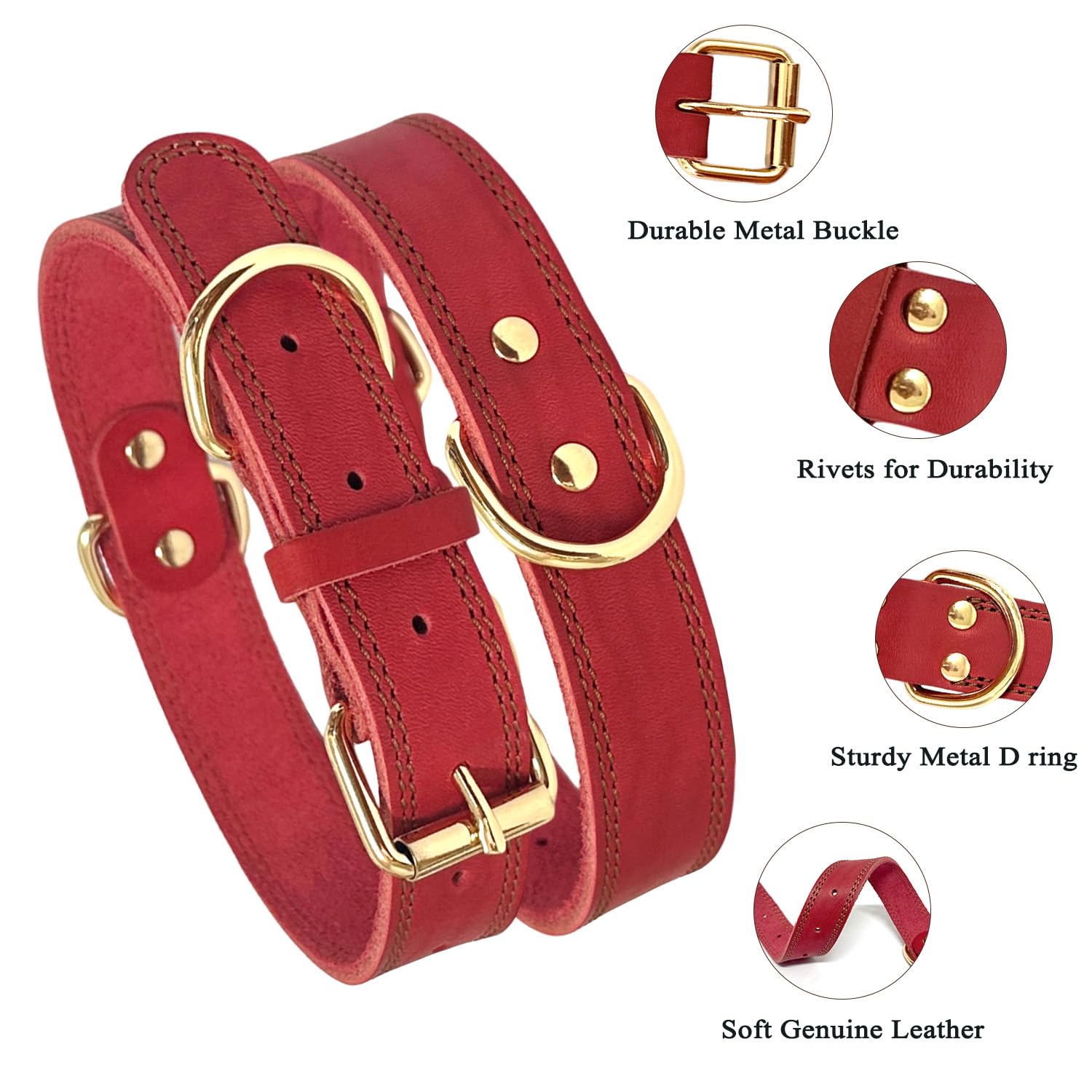 Lwbmg Leather Dog Collar,Heavy Duty Dog Collar,Soft And Strong Leather Adjustable Dog Collar For Medium Large Dogs Red Large
