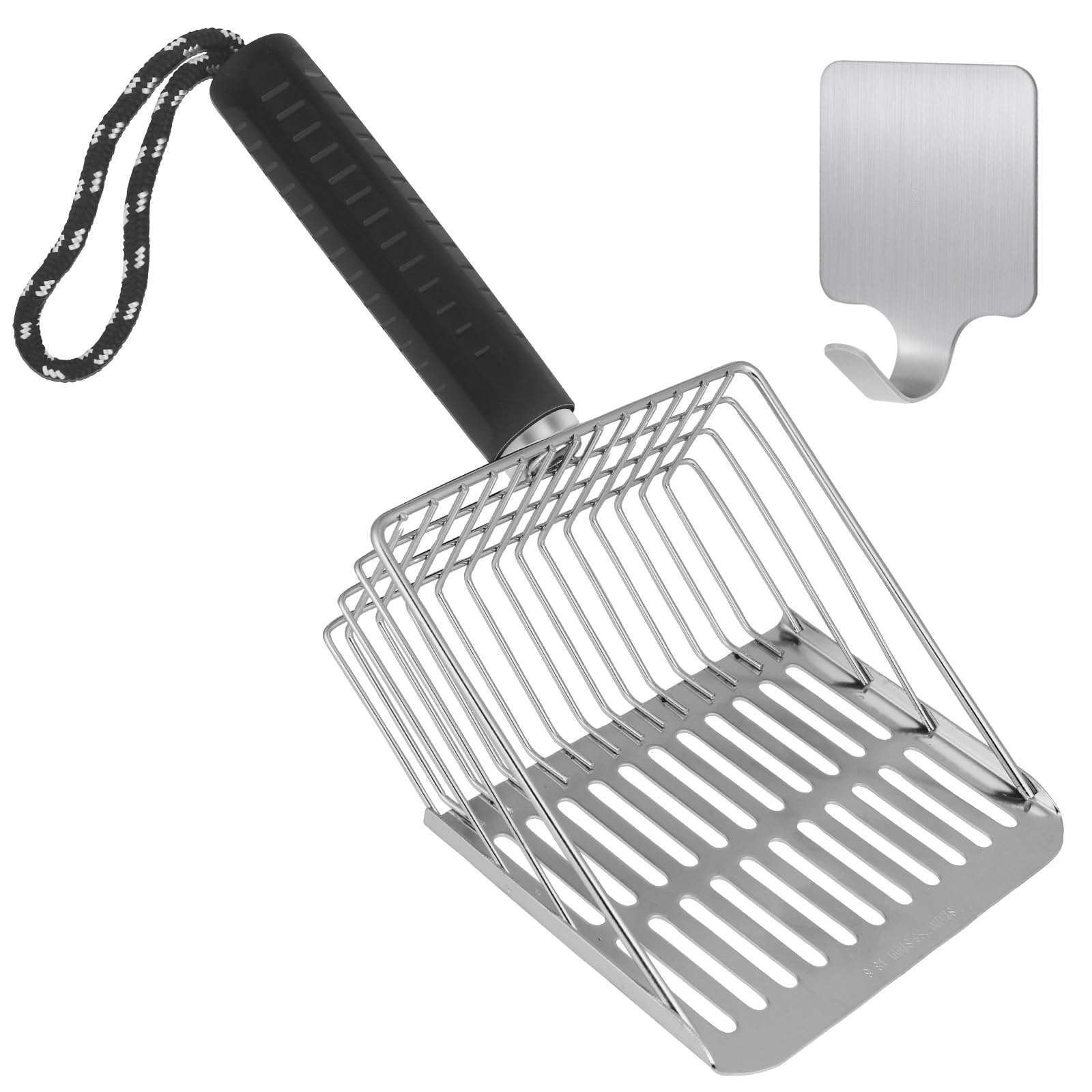 Faoemsey Cat Litter Scoop, Solid and Durable Kitty Metal Scooper, Stainless Steel Sifter, Heavy Duty, for Litter Box, Black Rubb