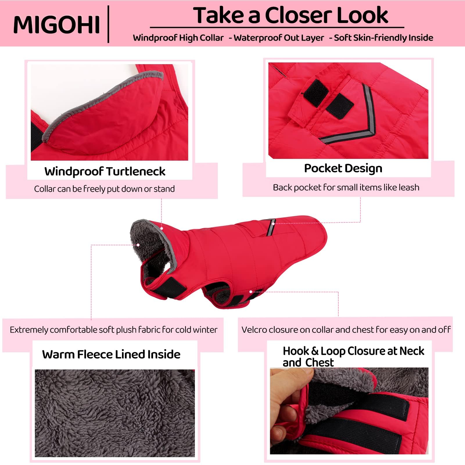 MIGOHI Winter Dog Jacket, Windproof Dog Fleece Vest with Leash Hole and Furry Collar, Reflective, Red, Small to Large