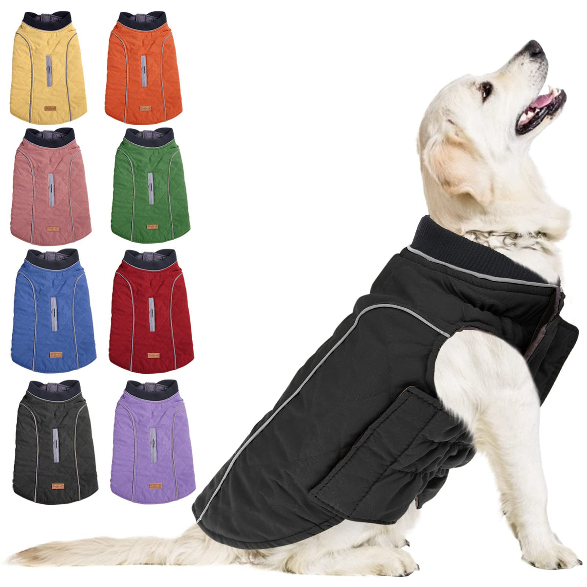 Koeson Windproof Dog Cold Weather Coat, Reflective Pet Winter Thick Warm Outdoor Jacket With Harness Hole, Comfy Cotton Apparel Padded Vest For Small Medium Large Dogs Black S