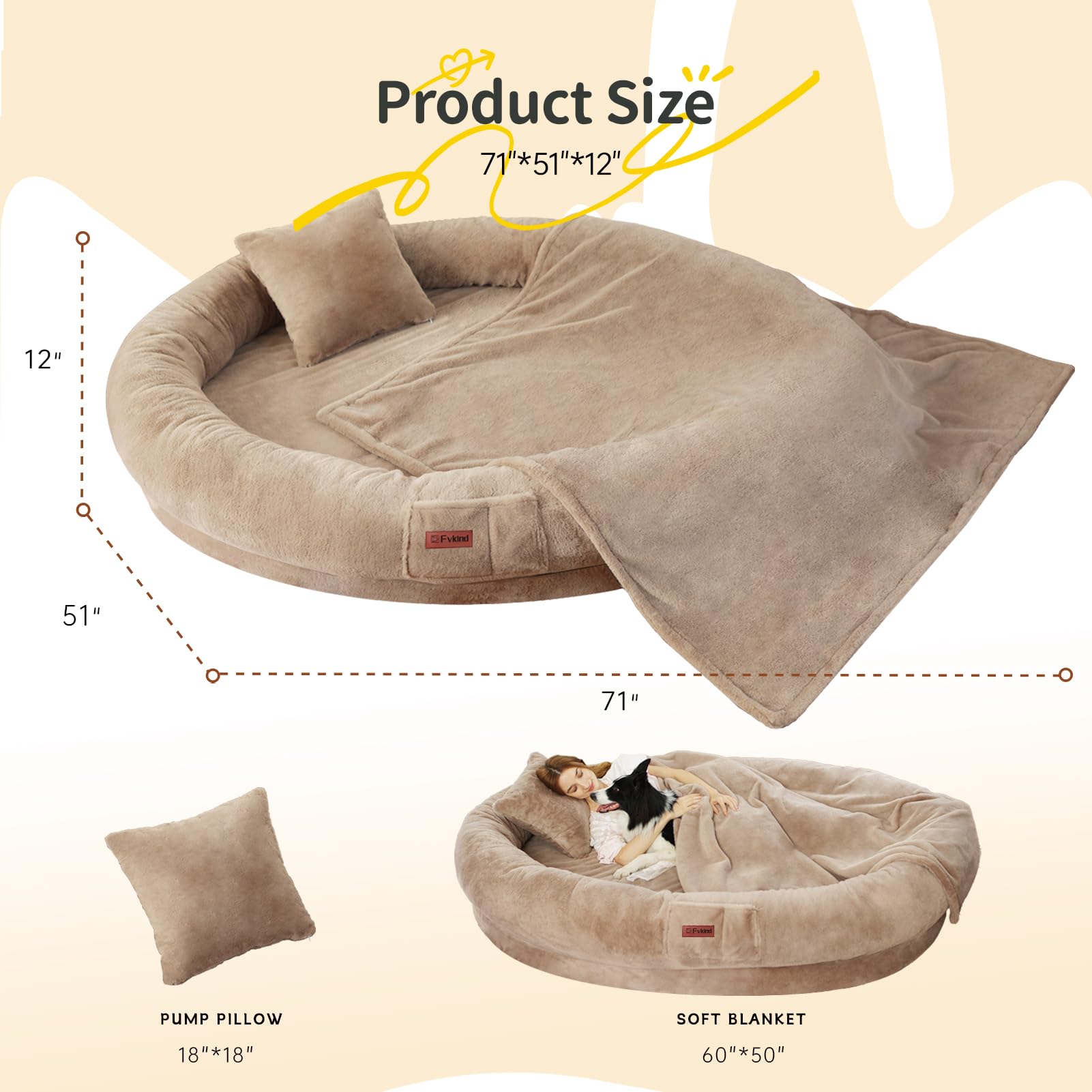 Human Dog Bed For Adult, 71X51X12 Washable Orthopedic Human Size Dog Bed, Faux Fur Removable Adult Dog Bed For Humans Doze