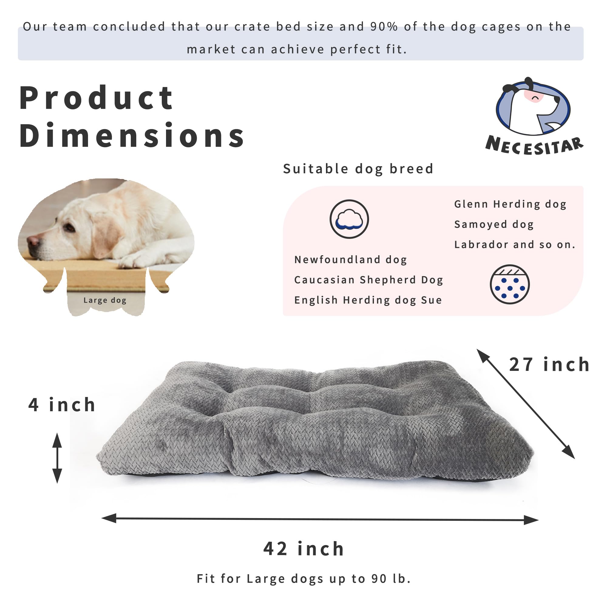 Crate Dog Beds For Large Dogs Washable 42 Inch Soft And Fluffy Crate Mats For Cages Up To 90 Lbs Pet Bed Pillows Pad Tire Printi
