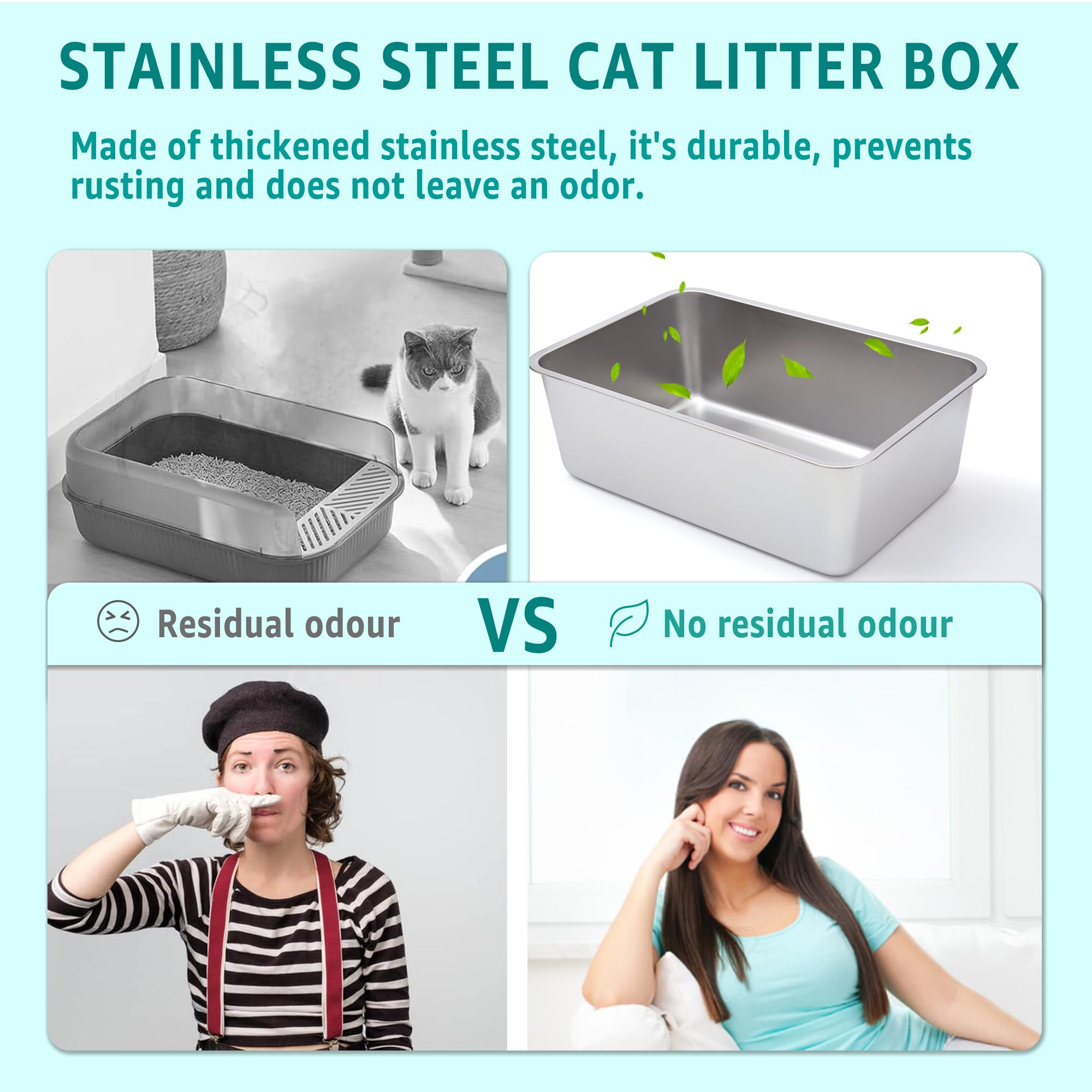 Egmehoad Stainless Steel Cat Litter Box 2 Pack,Metal Litter Box For Big Cats 8In Deep, Metal Pet Toilet Easy To Clean,High Sided