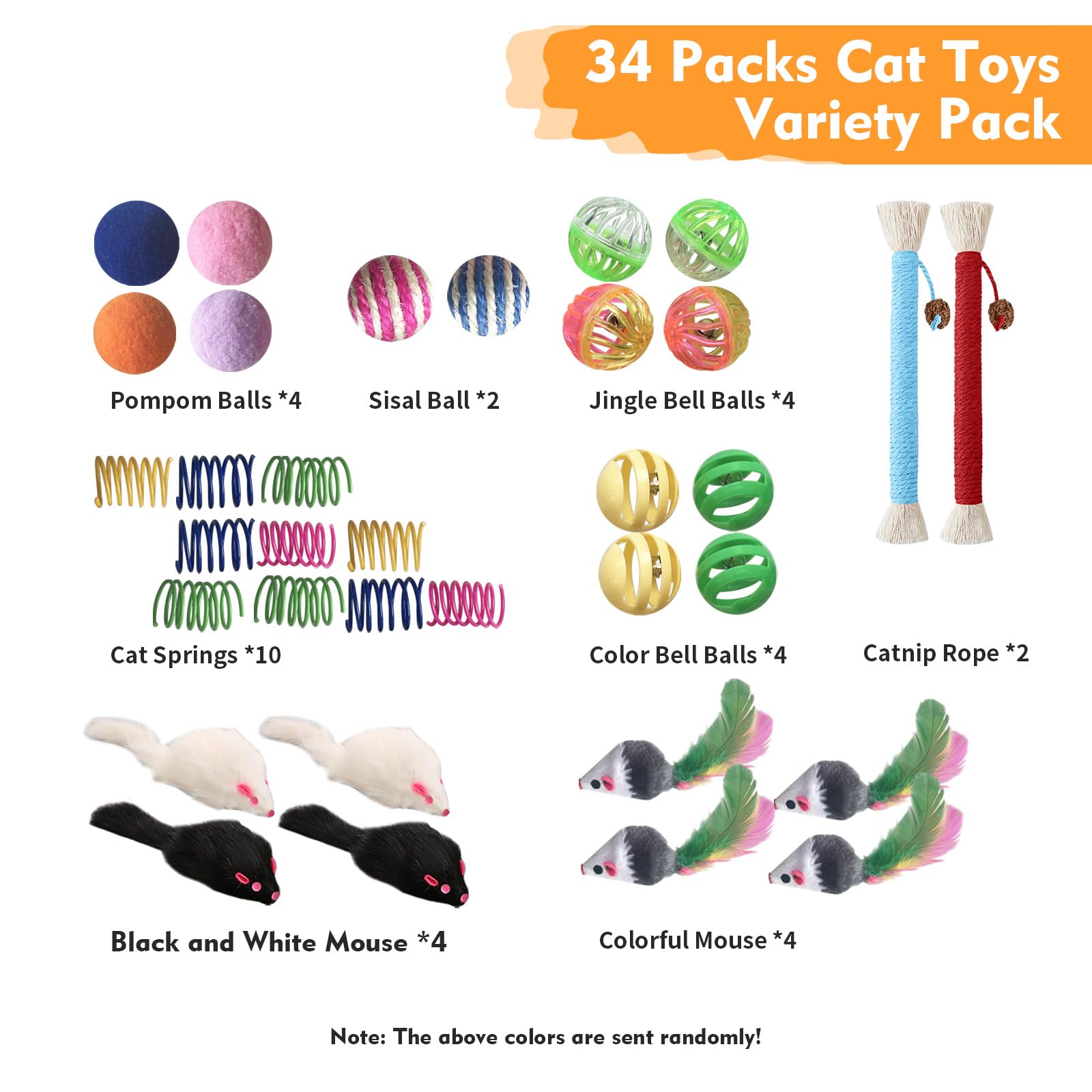 Yuloyi Cat Toys For Indoor Cats - 34 Packs Interactive Set With Colorful Springs, Mouse Toy, Catnip Ropes, Balls, Bells, And Sis