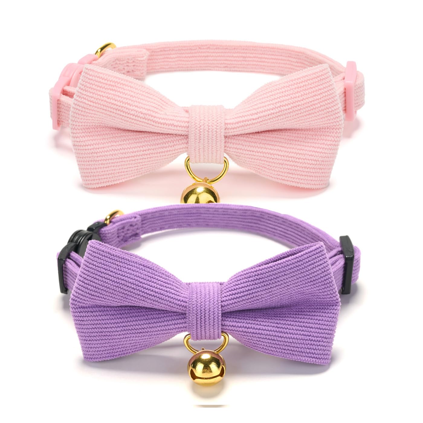 Ewinoom 2 Pack Soft Corduroy Cat Collars With Bow Tie & Bell, Adjustable Breakaway Cotton Kitty Bowtie Collar For Girl Female Ki