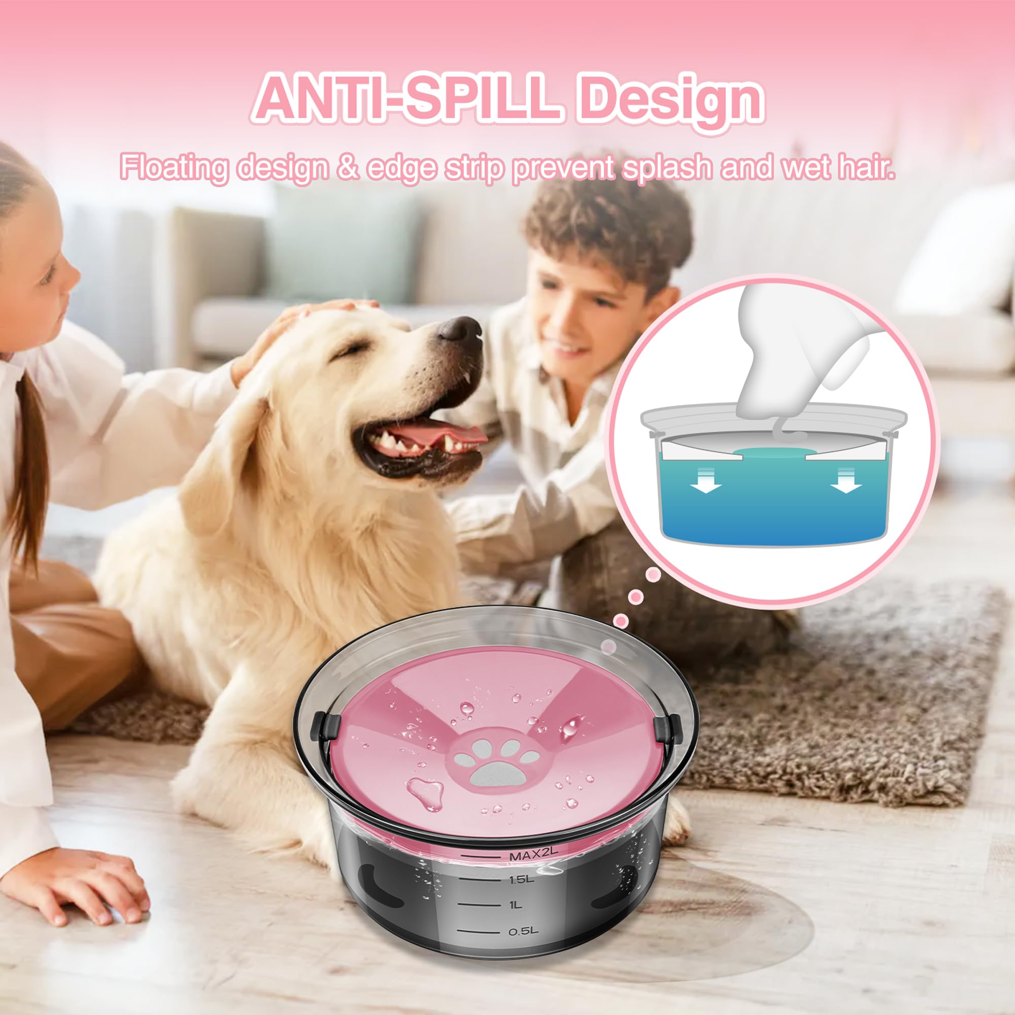 2L/70Oz Dog Water Bowl No Spill Slow Water Feeder,Large Capacity Pet Water Dispenser,Pet Water Bowl For Vehicle/Outdoor/Indoor(P