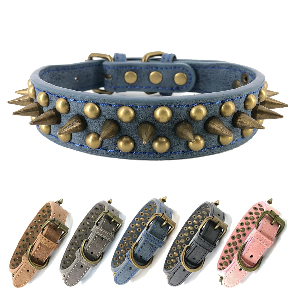 Spiked Studded Dog Collar-Bronze Pointed Stud Anti-Bite Collar (Blue,S)