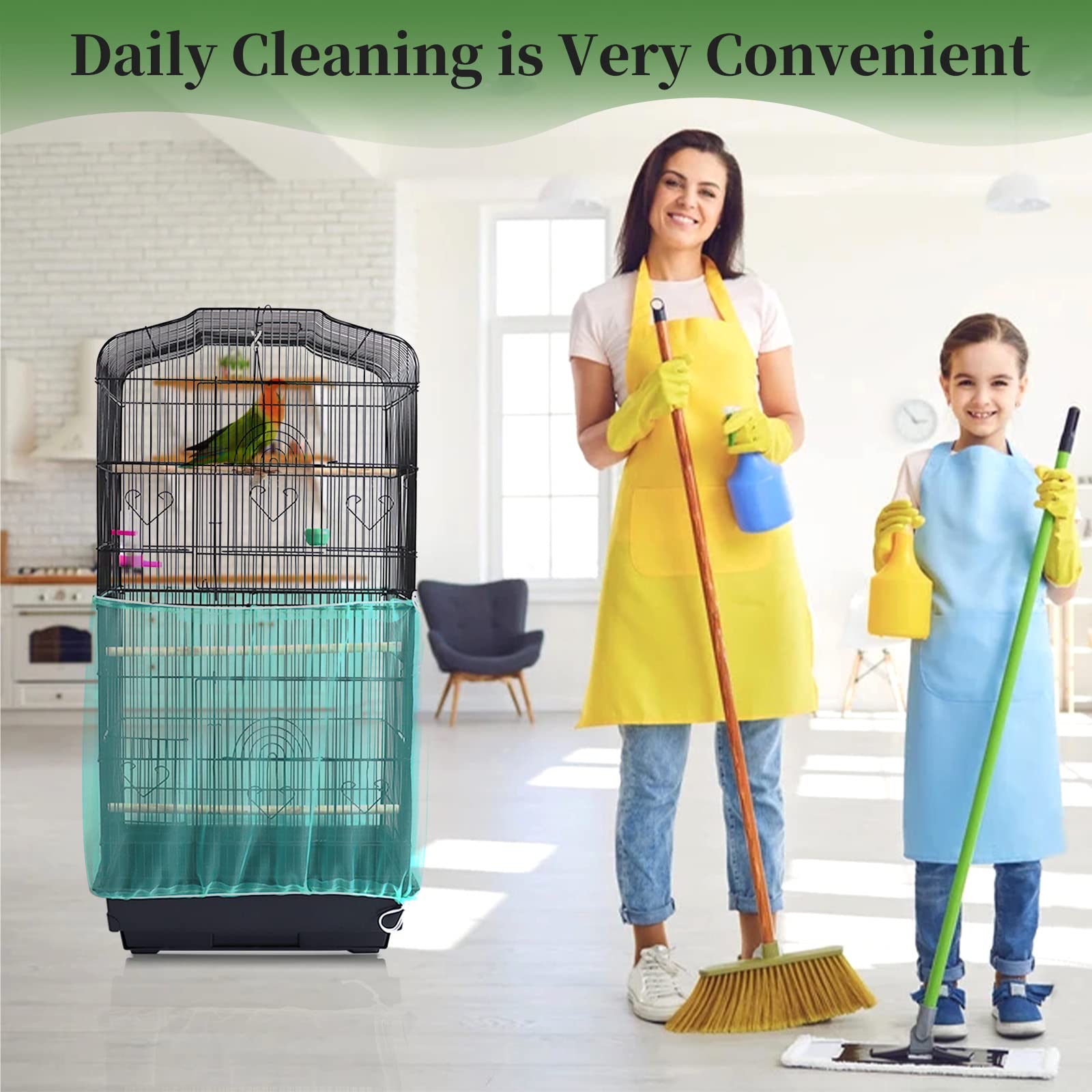 Daoeny 2Pcs Universal Bird Cage Cover, Adjustable Seed Feather Catcher, Soft Airy Nylon Mesh Parrot Net, Birdcage Cover Skirt Sheer Guard For Round Square Cages (Green+ Blue)