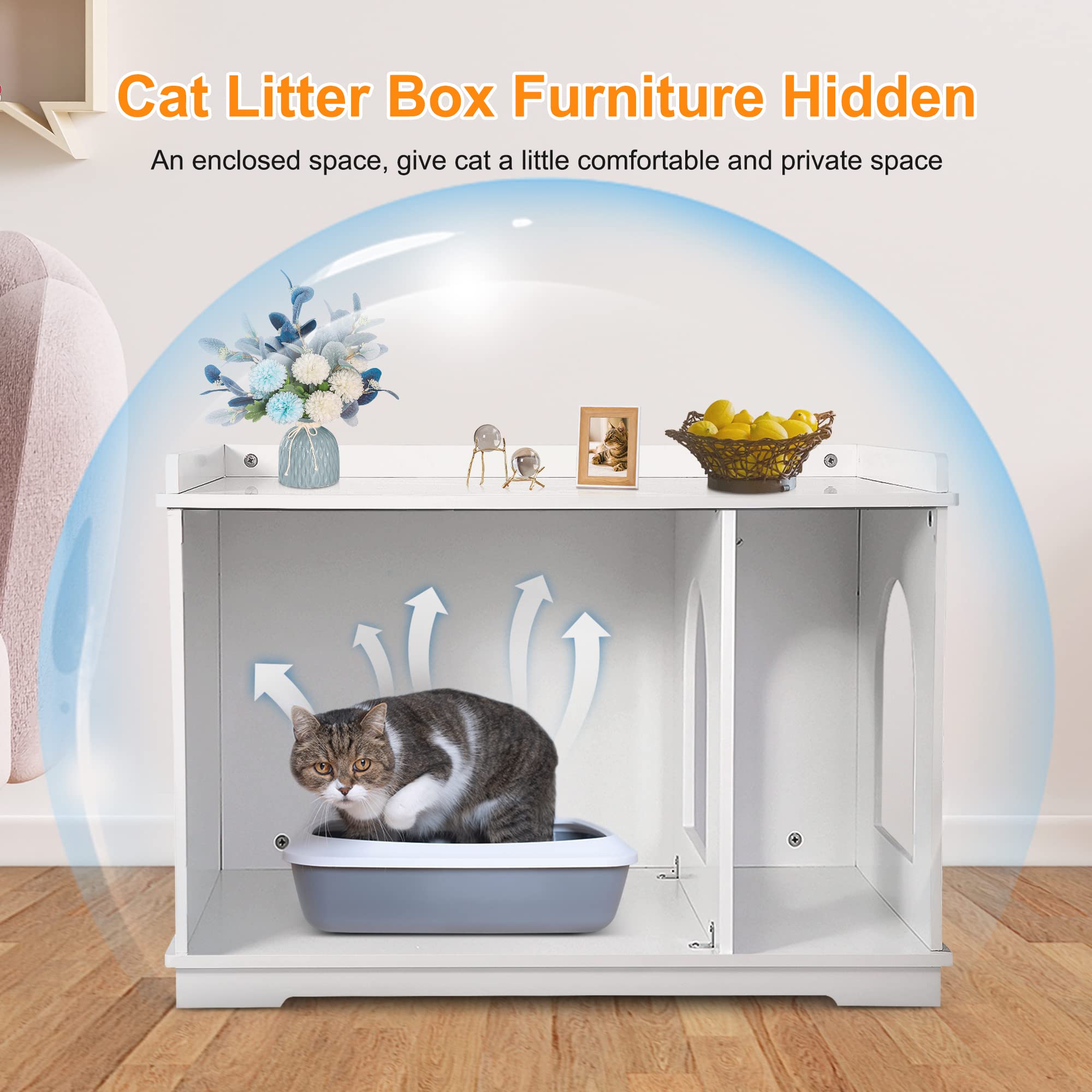 Pet Republic Hidden Cat Litter Box Enclosure Cat Litter Box Furniture Washroom House Table Nightstand (White)