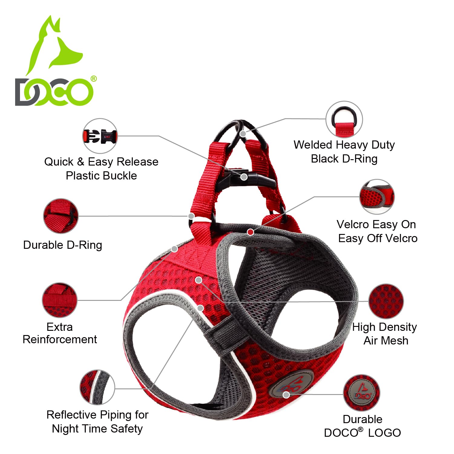 DOCO Dog Harness (Chest 16-17, Weight 10-15 lbs) Athletica Adjustable Heavy Duty No Choke Puppy Vest for Medium Dogs Lightweight