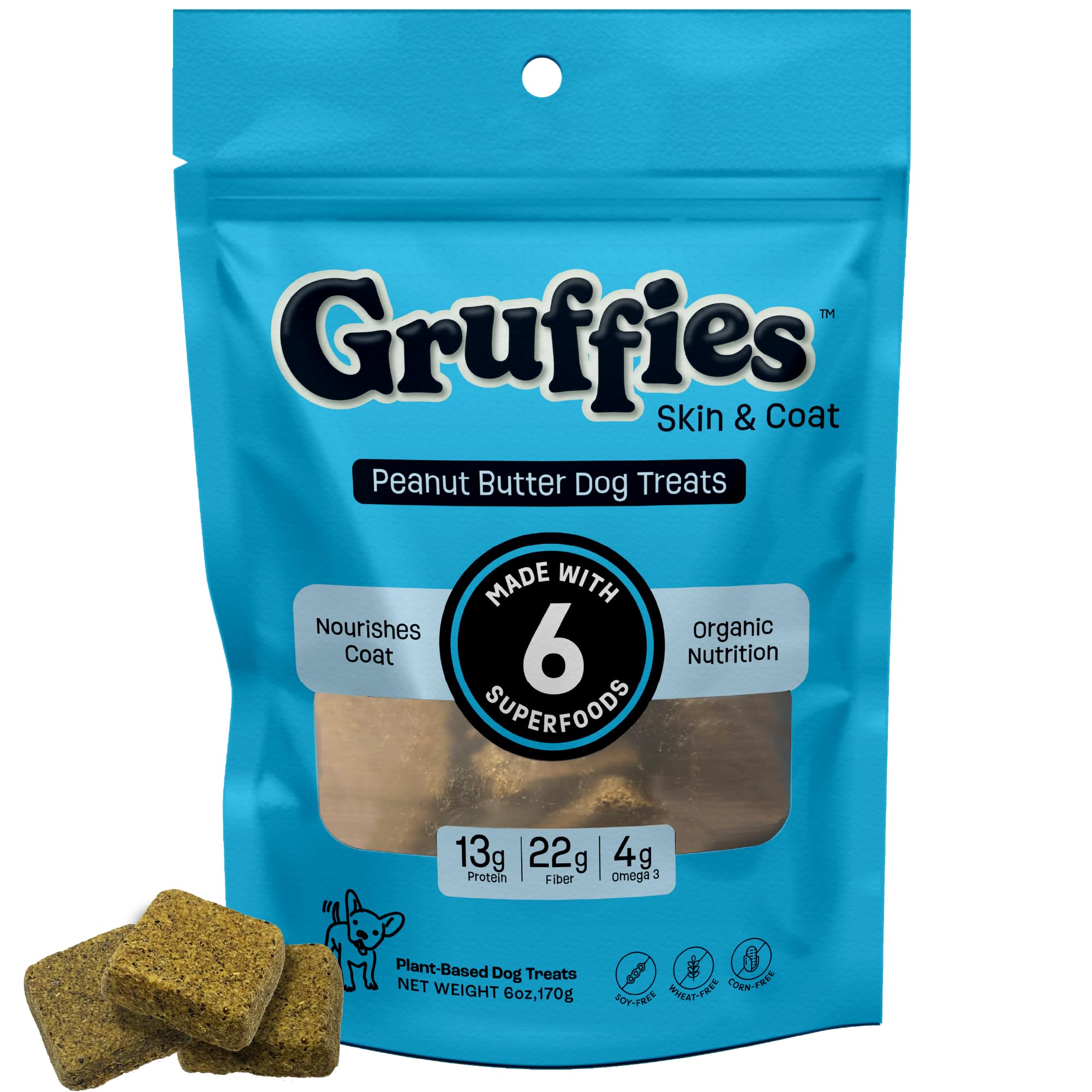 Gruffies Skin & Coat Chews for Dogs, Peanut Butter Flavor 24 Chews (Pack of 1) | Organic Dog Supplements for All Life Stages | D