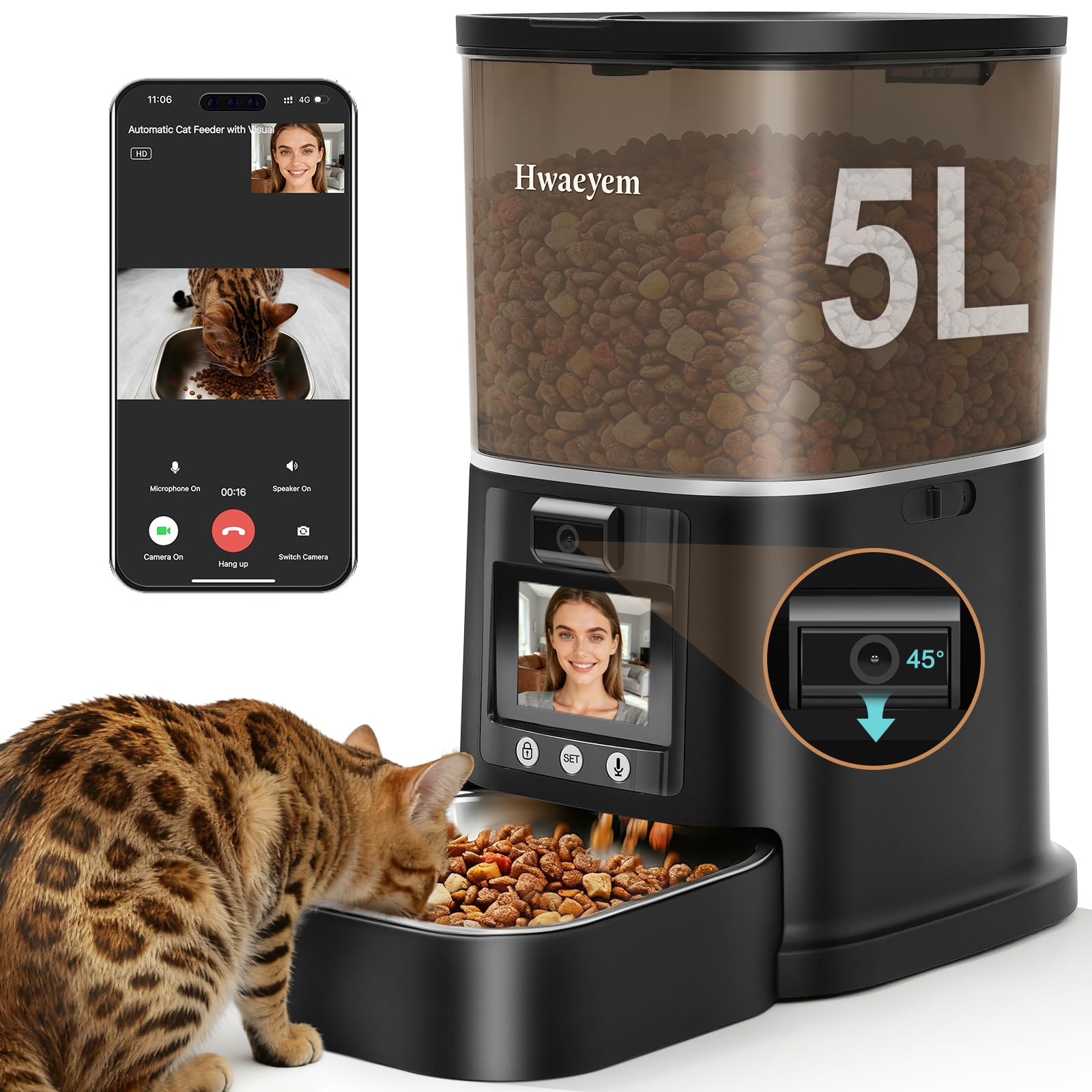 Automatic Cat Feeder with Camera, 5G WiFi Smart Pet Feeder with 2-Way Video/Audio, 45 Adjustable Angle, Night Vision, 5L Cat Foo