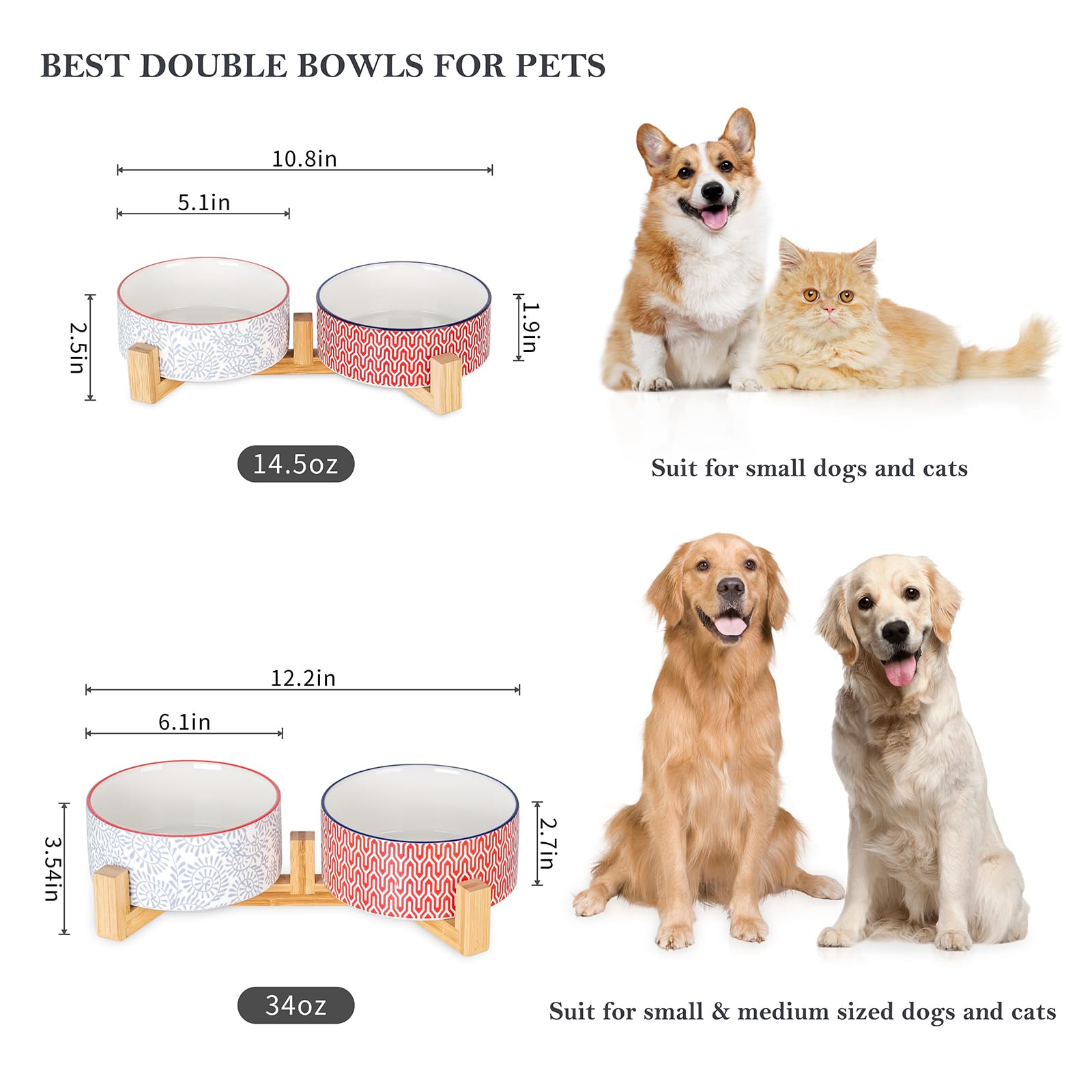Selamica Ceramic 14 Oz Dog Bowls - Anti-Slip Pet Dishes Set With Wooden Stand For Cats & Small Dogs, Weighted, Assorted Colors,