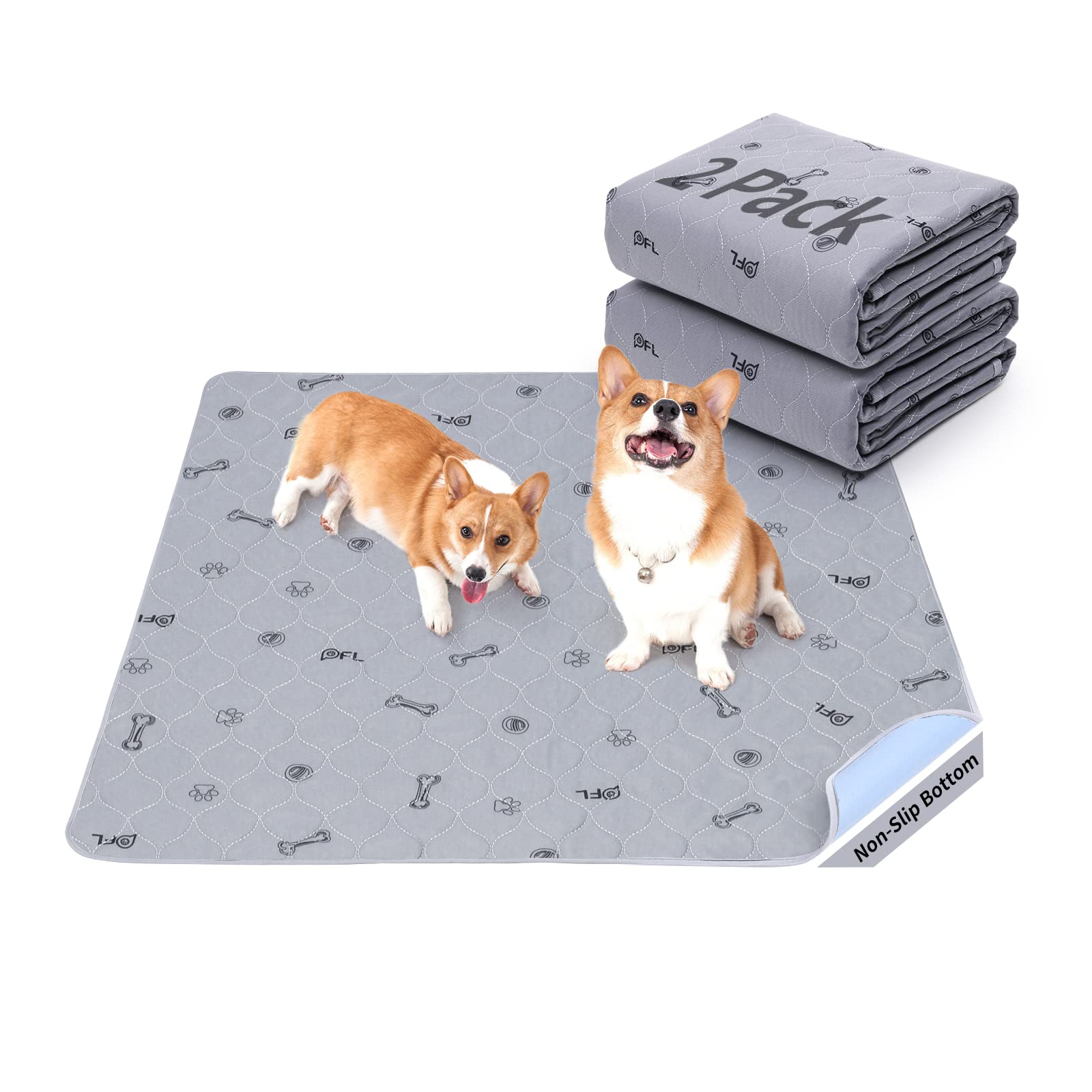 Washable Pee Pads for Dogs, 2Pack Puppy Pads Washable with Bone Print,Absorbent Reusable Whelping Pads Non-Slip Dog Mats for Flo