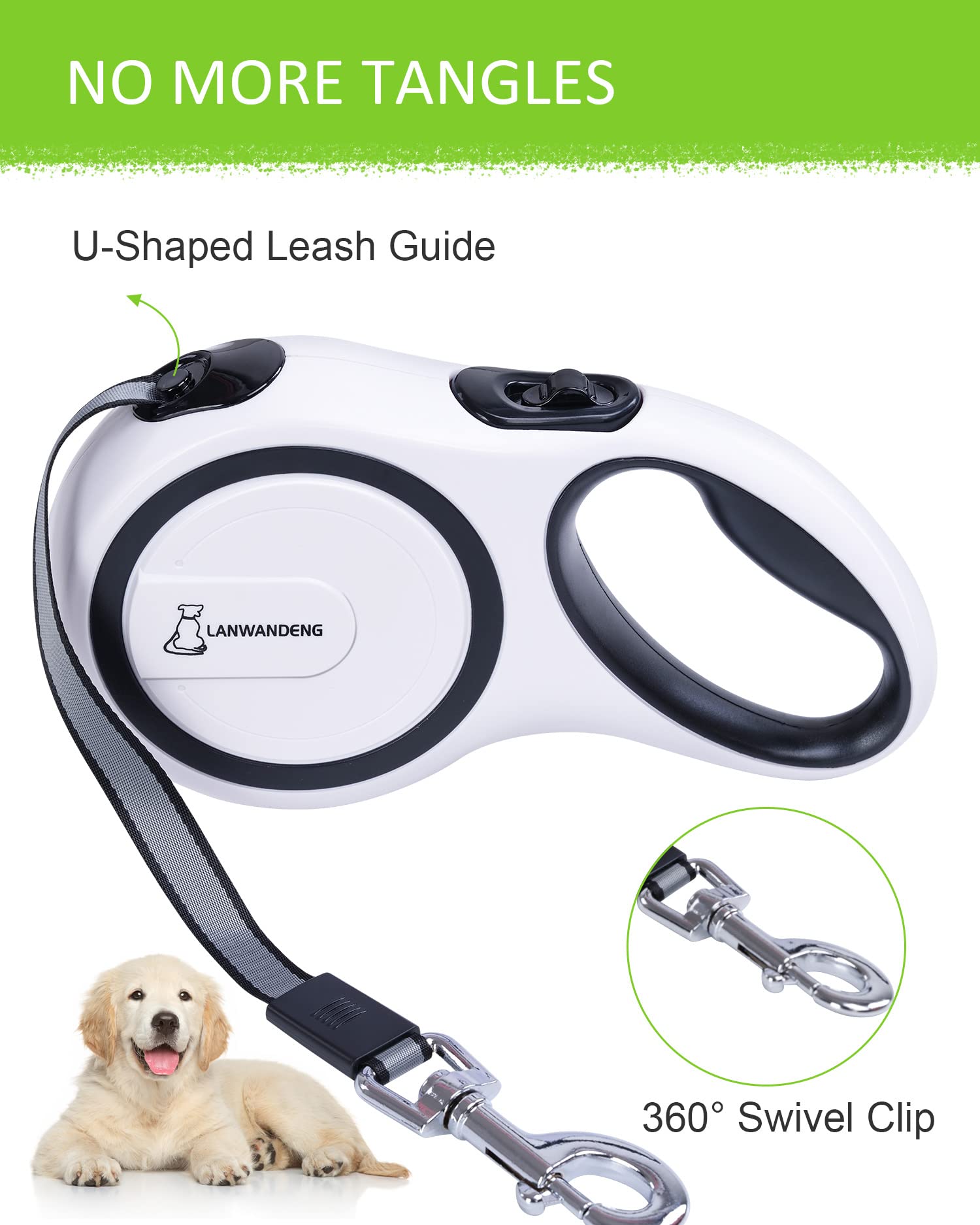 Lanwandeng 26FT Chew Proof Retractable Dog Leash, Nylon, Tangle-Free, Anti-Slip Handle, for Small/Medium/Large Dogs, White