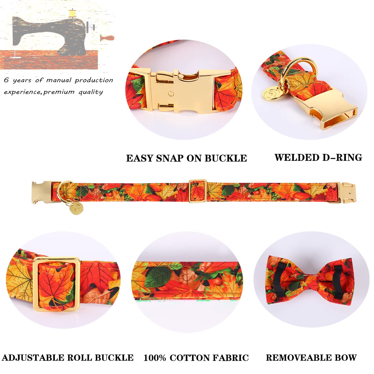 Dogwong Fall Dog Collar With Bow, Halloween Thanksgiving Dog Bowtie Collar, Adjustable Autumn Cotton Maple Leaf Bowtie Dog Fall Collars For Medium Dogs Pets
