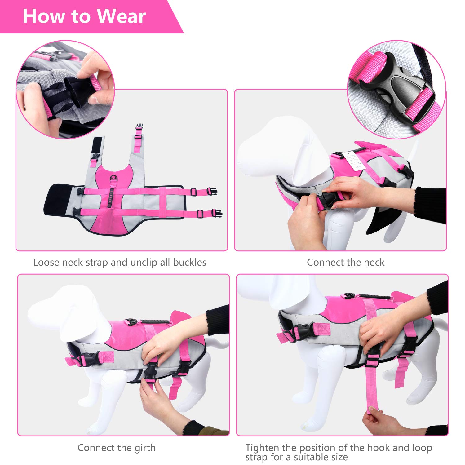 Asenku Dog Life Jacket Pet Life Safety Vest For Swimming Boating, Dog Shark Life Jackets Dog Lifesavers Swimsuits For Pool, Dog Water Floatation Vest For Small Medium Large Dogs, Shark Pink, Medium