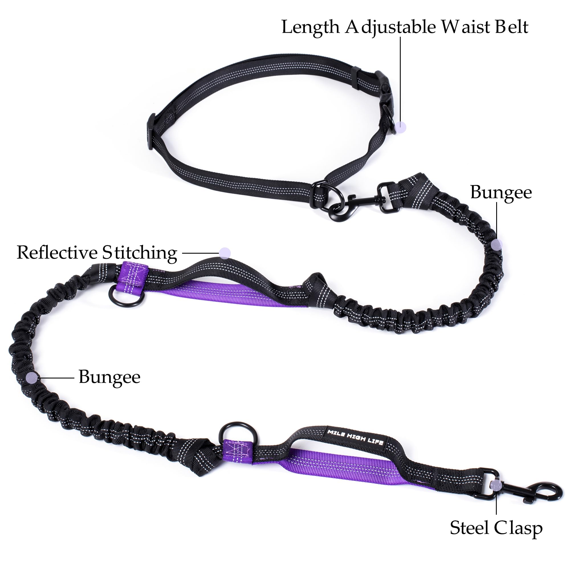 Mile High Life | Retractable Hands Free Dog 7Ft Leash | Waist Running Adjustable | Reflective Dual Black Bungees | Dual Handles | Small Medium Large Dogs | (Purple)