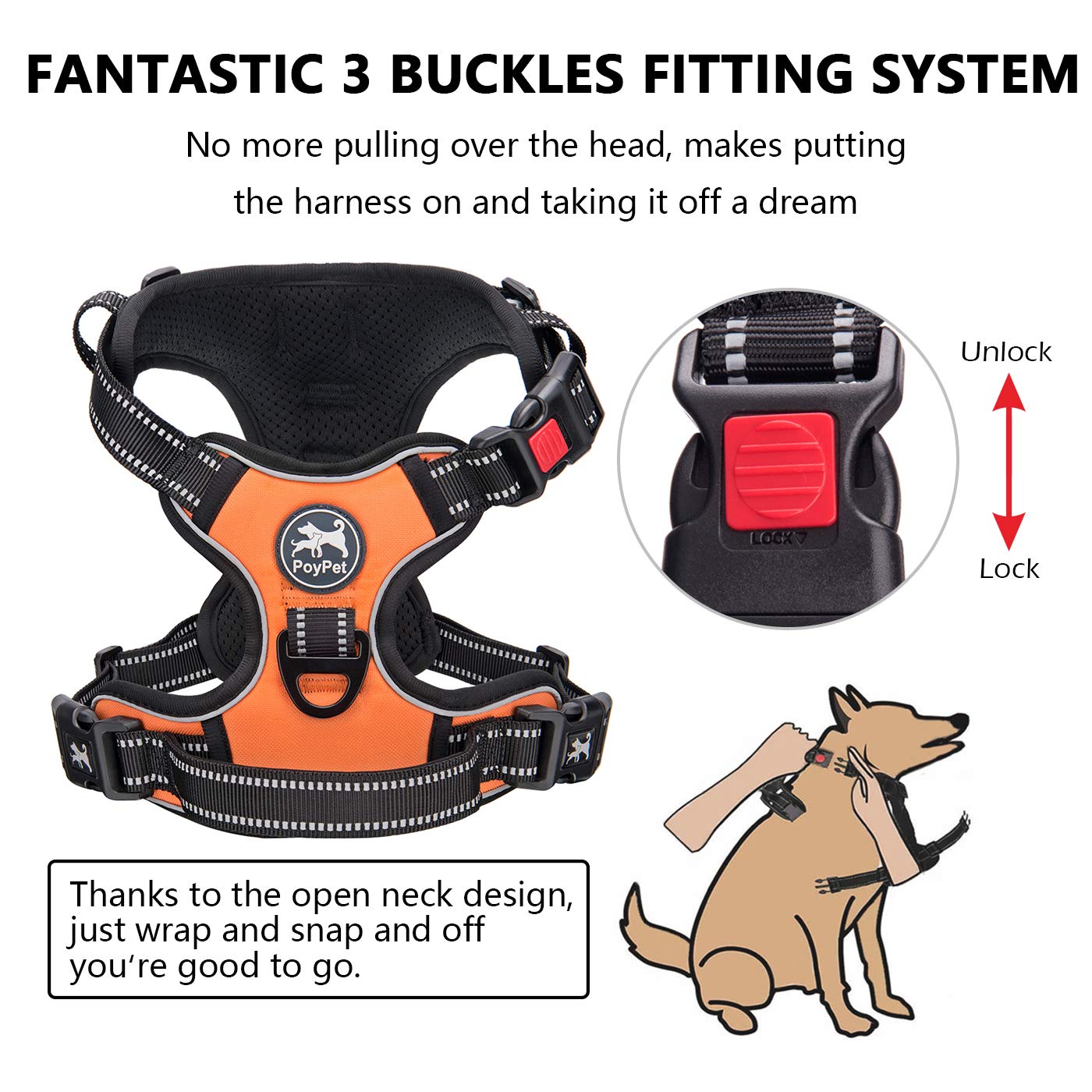 Poypet No Pull Dog Harness, No Choke Front Clip Dog Reflective Harness, Adjustable Soft Padded Pet Vest With Easy Control Handle For Small To Large Dogs(Orange,S)