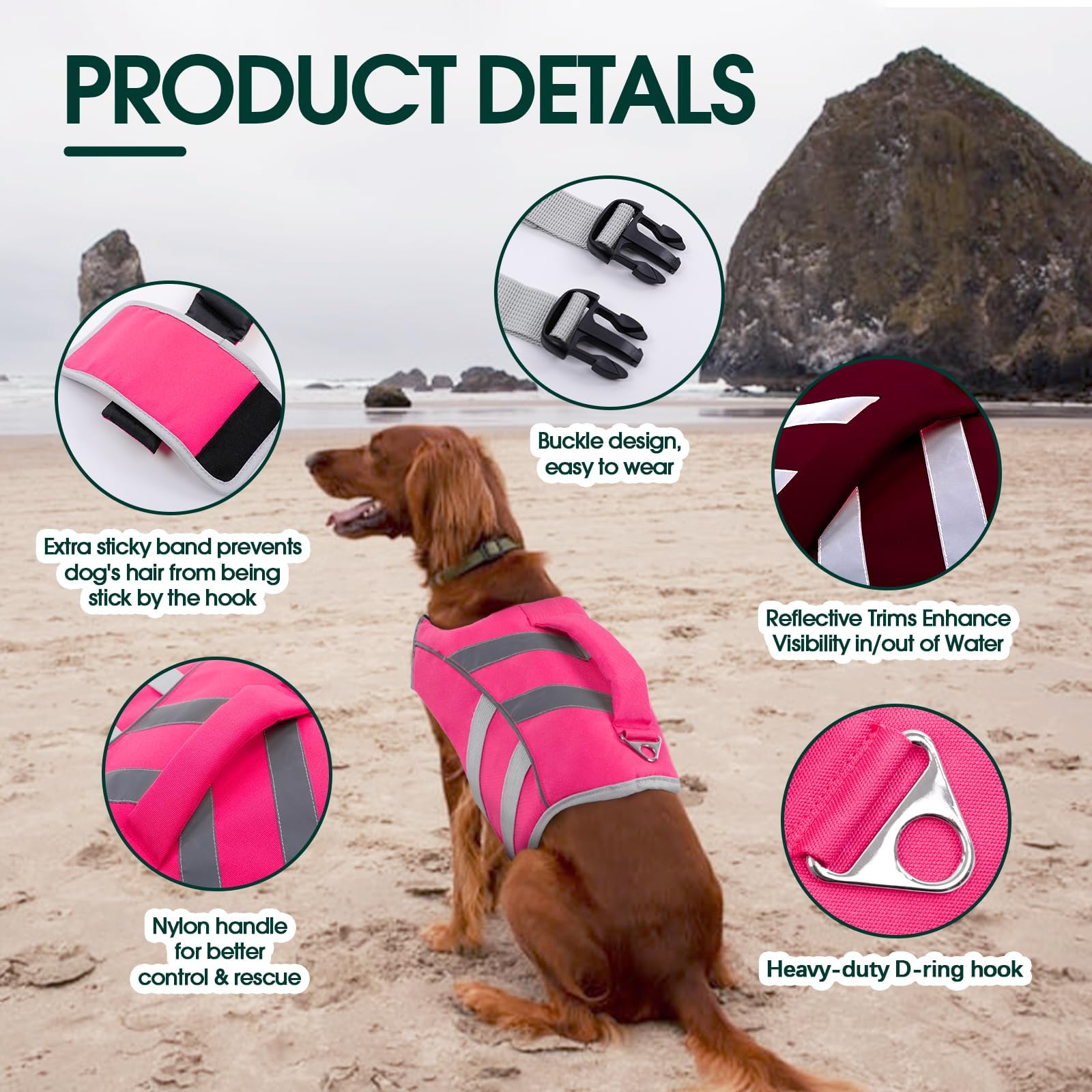 Kuoser Dog Life Jacket for Medium Dogs, Reflective Swimming Vest With High Flotation for Beach Boating, Pink L