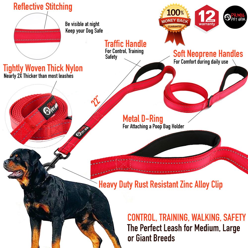 Primal Pet Gear Dog Leash 6Ft Long,Traffic Padded Two Handle,Heavy Duty,Reflective Double Handles Lead For Control Safety Training,Leashes For Large Dogs Or Medium Dogs,Dual Handles Leads(Red)