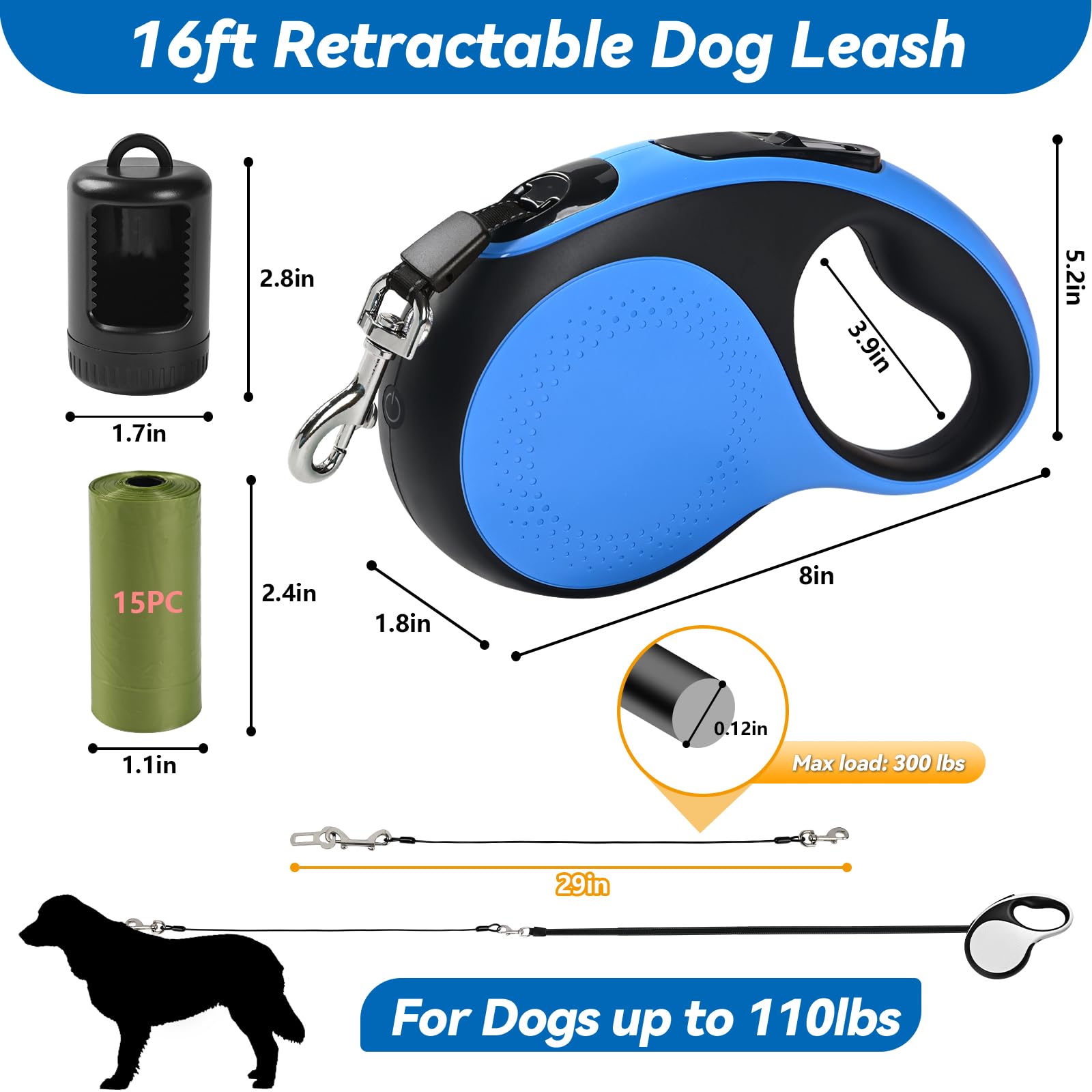 Odriew 16Ft Heavy Duty Retractable Dog Leash With Chew Proof Cable-For Dog Up To 110Lbs, With Rechargeable Led Light, Dispenser,