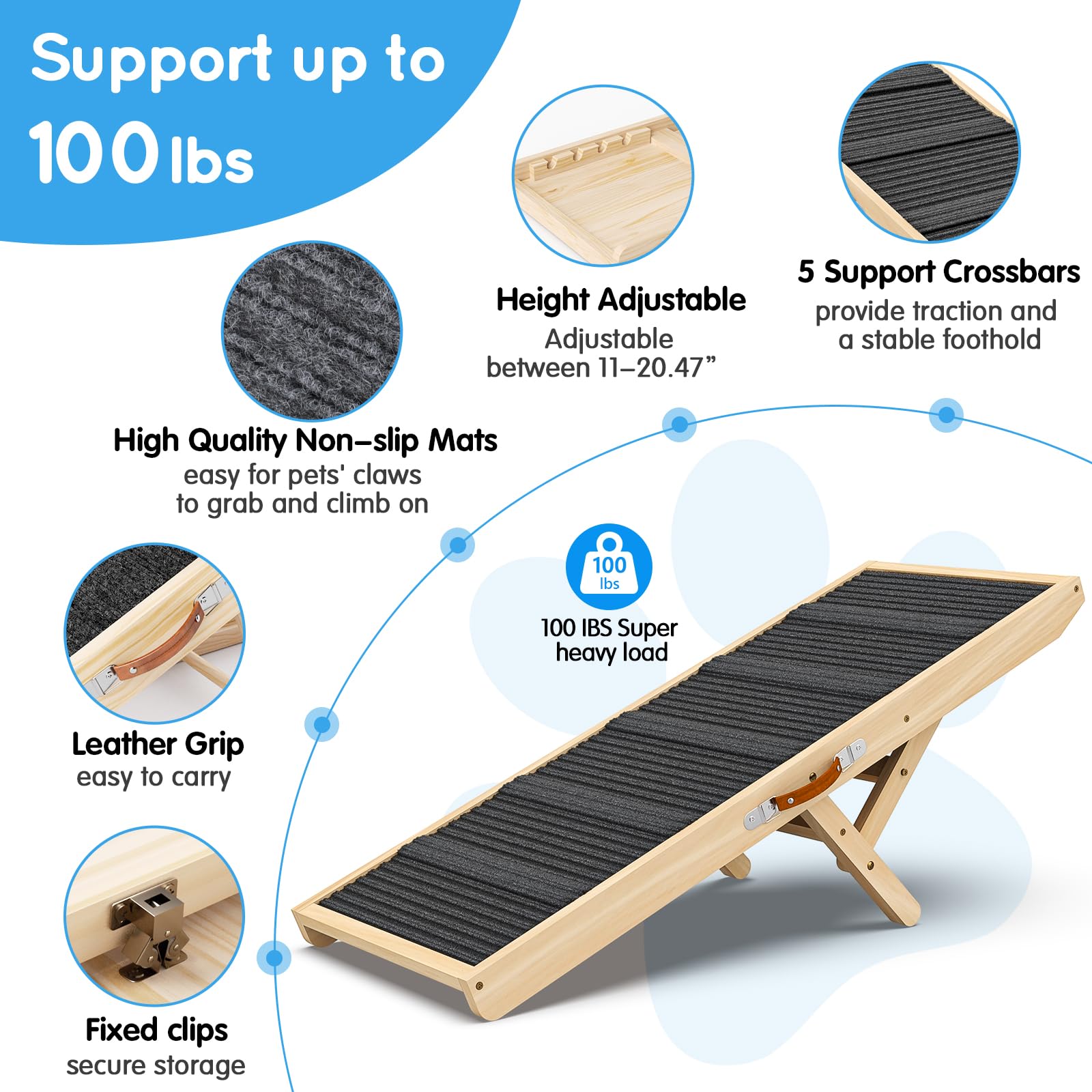 Dog Ramp For Couch, Bed Or Car, Wooden 44'' Long Pet Stairs For Small & Large Old Dogs & Cats, Hold Up To 200Lb, 5 Adjustable He