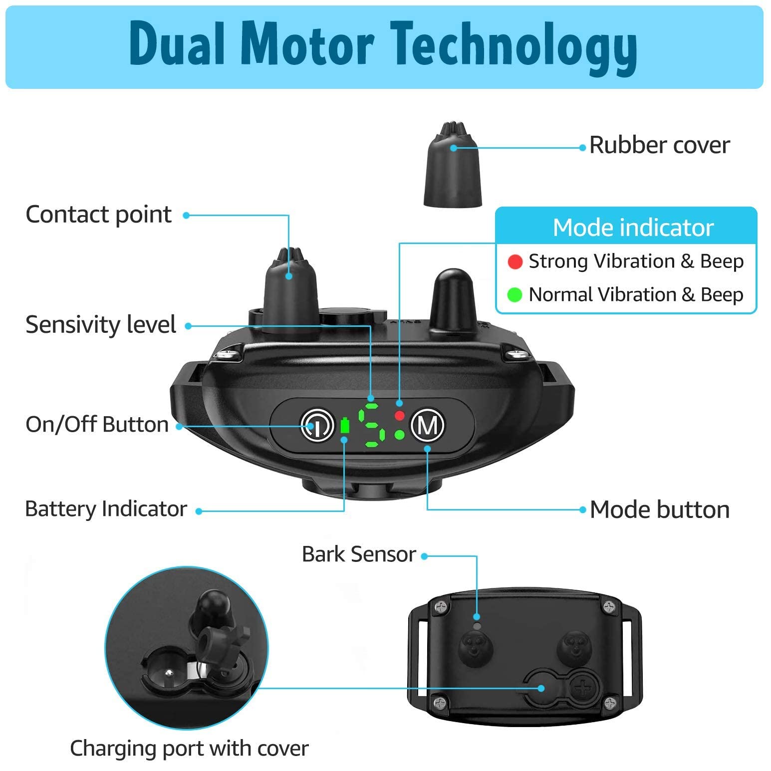 Petspy No Shock Bark Collar For Dogs Barking Control Humane Waterproof Training Device W/2 Anti-Bark Dual Vibration & Beep For S