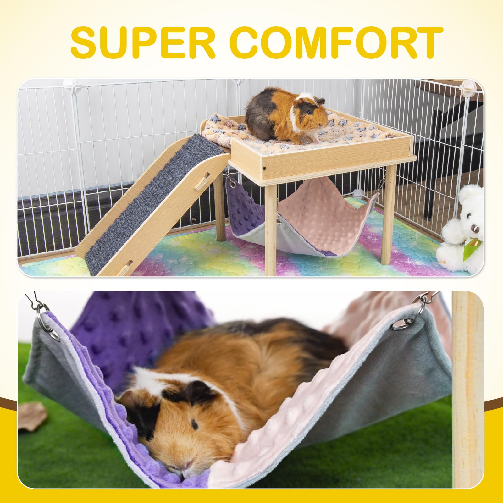 Besnew Enlarged Guinea Pig Hammock With Platform And Stairs,Wooden Small Animal Hideout For Guinea Pigs Bunny Ferret Hamster Hid